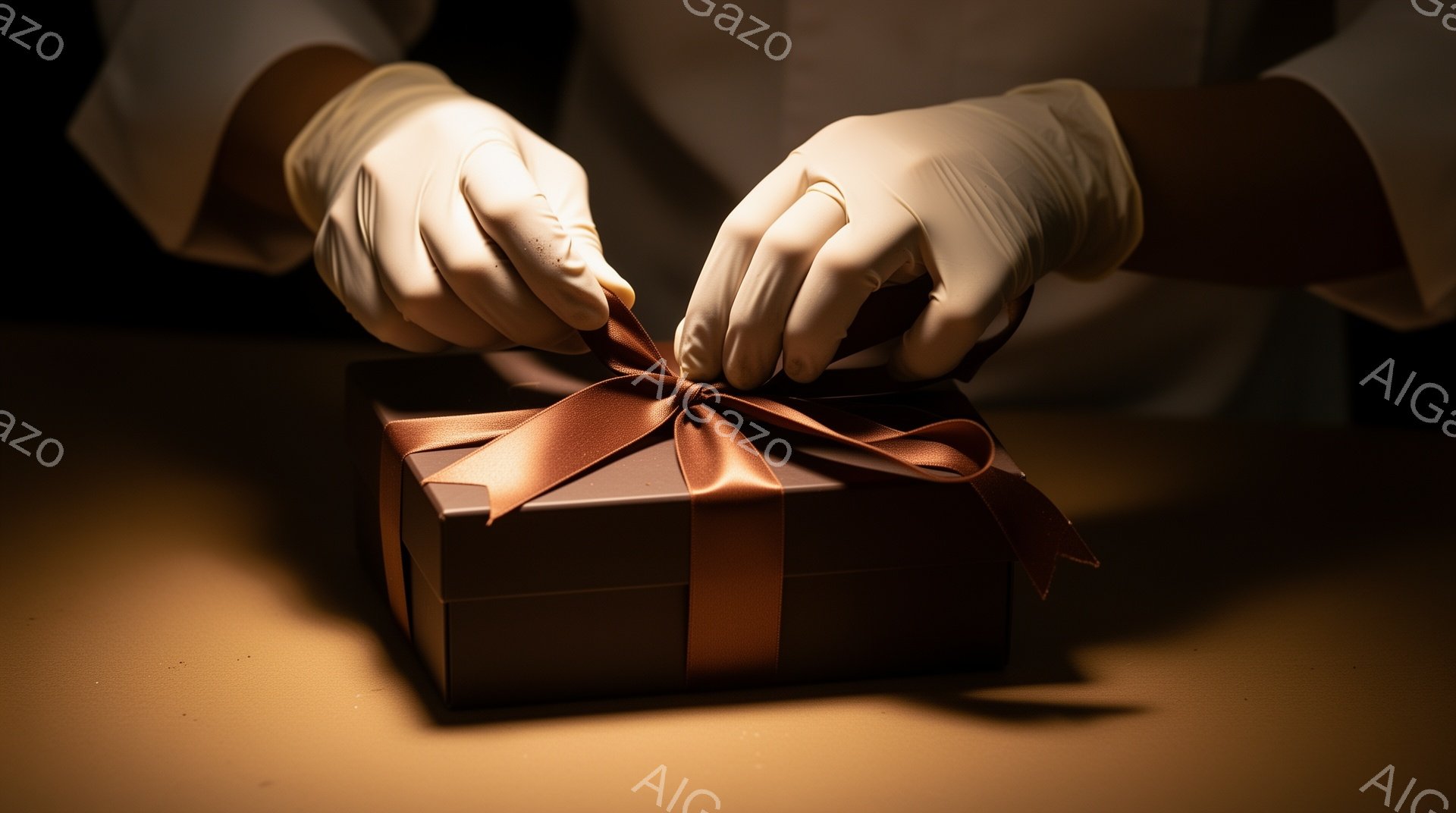 画像は、茶色のギフトボックスにリボンを結んでいる手の様子を捉えています。手には白の手袋がはめられており、背景は暖色系の単色で、フォーマルな雰囲気を醸し出しています。全体的に落ち着いた色調で、ギフトの準備や特別なイベントに関連する様子が想像されます。