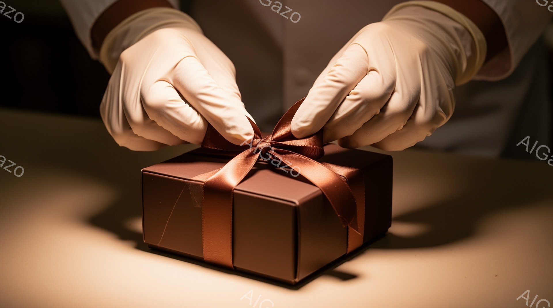 チョコレート色の小さな箱が、茶色のリボンで丁寧にラッピングされている様子が捉えられています。箱を包む手は白い手袋を着用しており、プロフェッショナルな印象を与えます。背景は暖色系の単色で、焦点は箱とそのラッピングに集中しており、高級感と繊細さを強調しています。