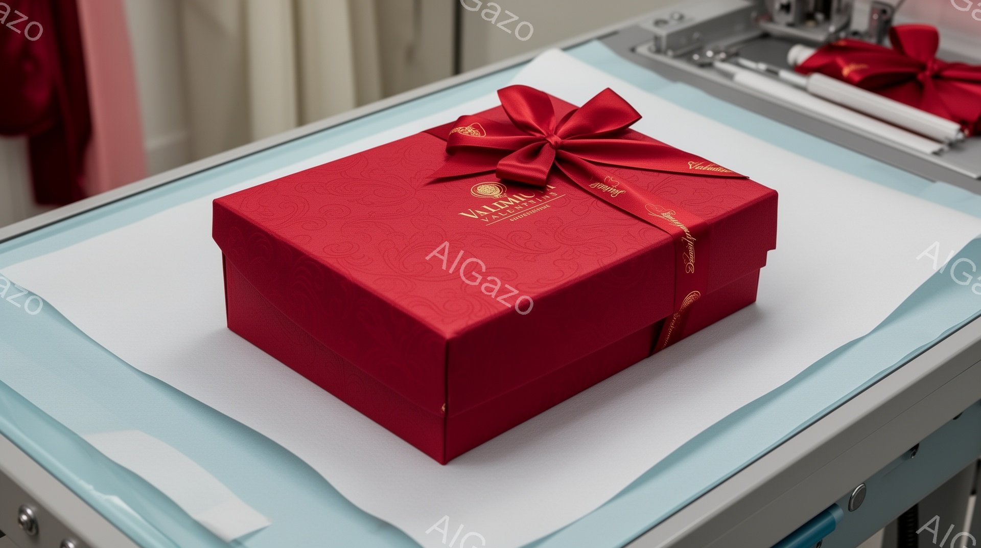 真っ赤なギフトボックスが、水色のテーブルの上に置かれています。ボックスには金色の文字で「VALENTINO」と書かれ、赤いリボンが結ばれています。背景にはぼやけた家具が見え、全体的に高級感があり、特別な日の贈り物を示唆する雰囲気です。
