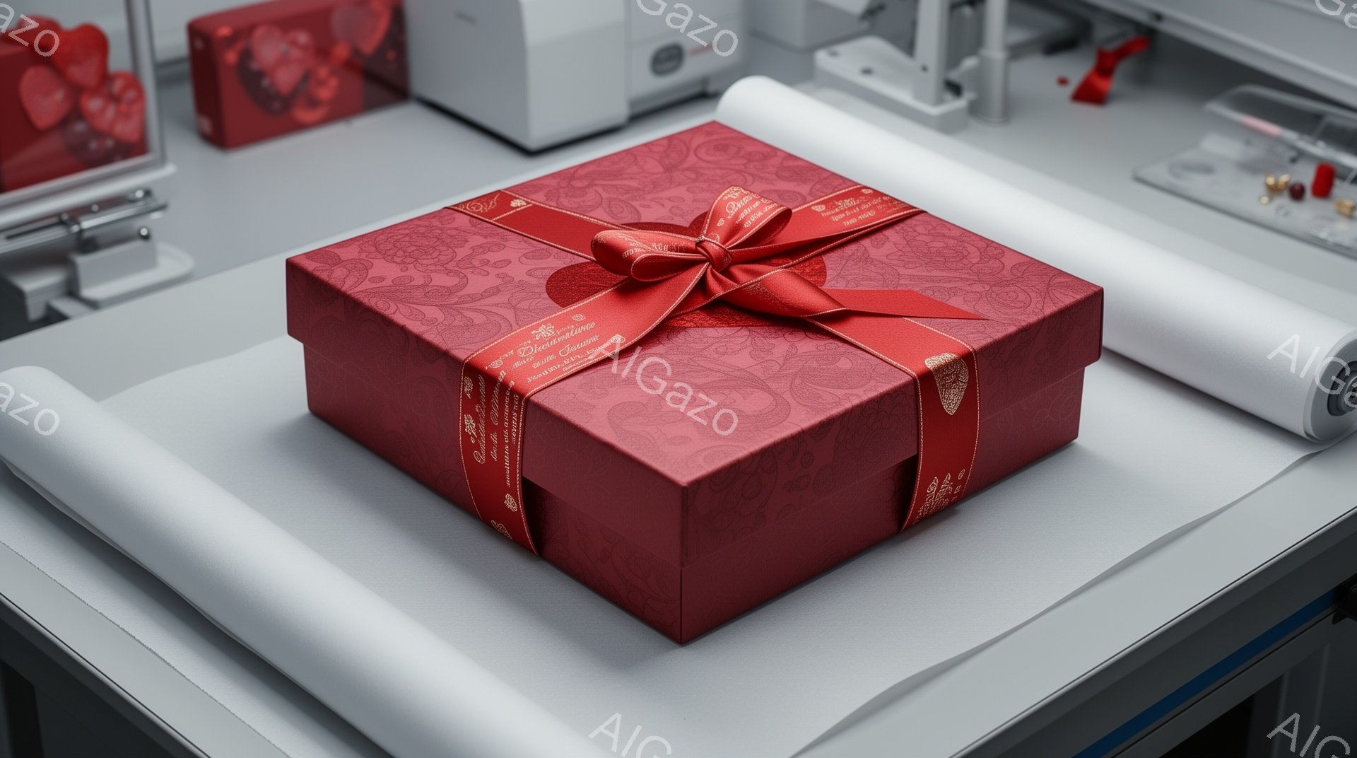 真っ赤なギフトボックスが、白い布の上に置かれています。箱は金色の模様が描かれた豪華なデザインで、赤いリボンで丁寧にラッピングされています。背景にはぼやけた機械が見え、ギフトボックスが特別な日のプレゼントであることを暗示しています。