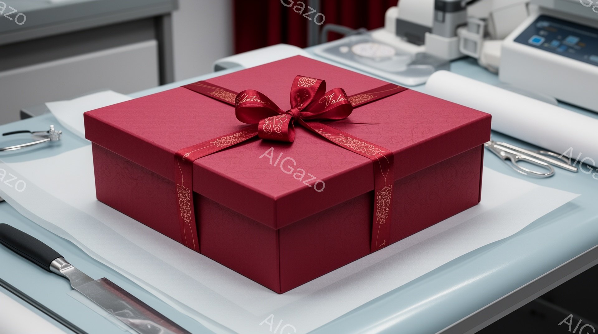 深紅色のギフトボックスが、白いトレーの上に置かれています。ボックスには金色の模様が施され、赤いリボンで飾られています。背景には医療機器が見え、病院や診療所の待合室のような雰囲気です。