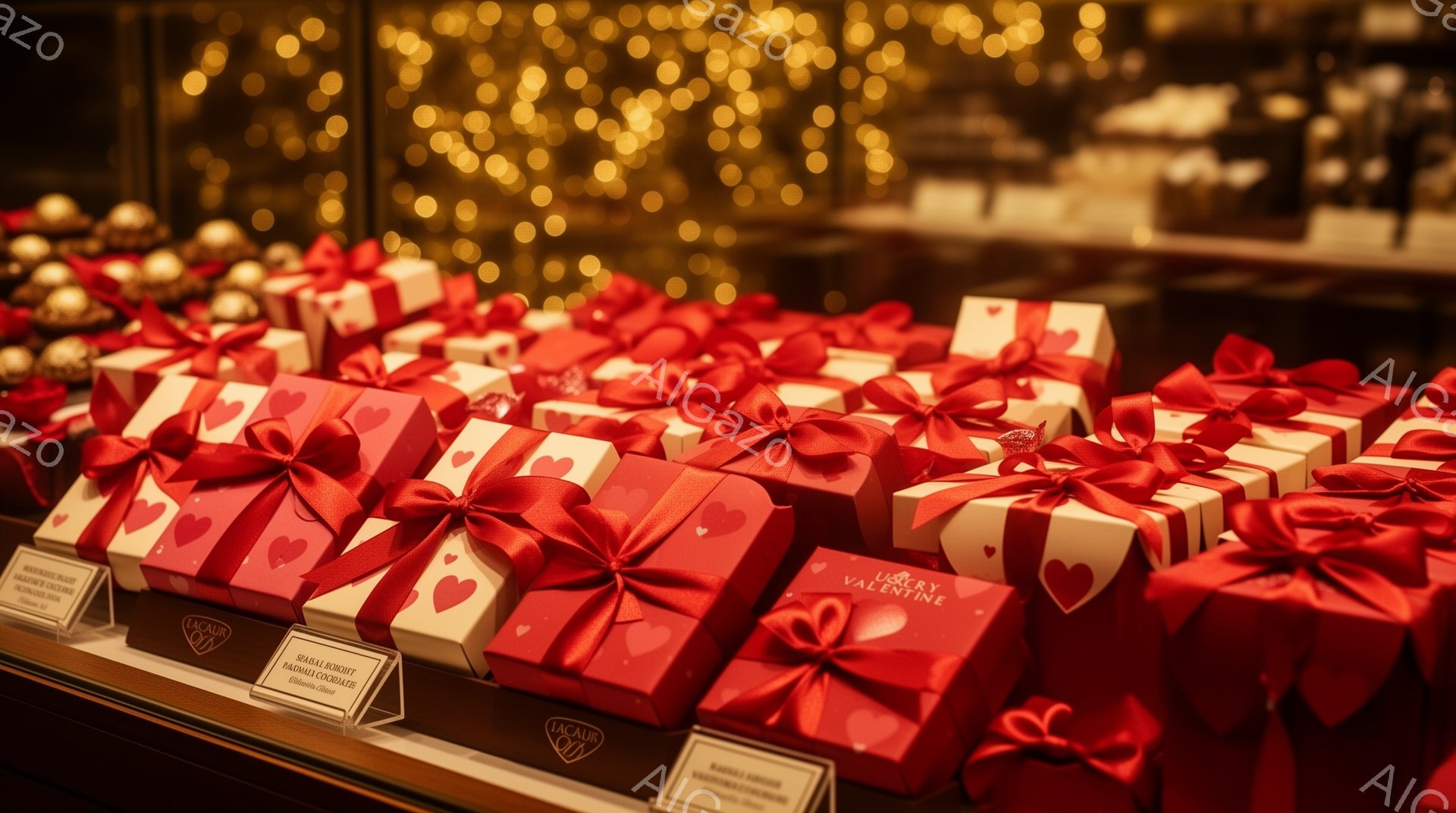 画像には、赤いリボンで飾られたチョコレートのギフトボックスが整然と並べられています。ボックスはすべてハート型の装飾が施されており、上品でロマンチックな雰囲気を醸し出しています。背景にはぼやけた照明と、 - AI生成フリー素材