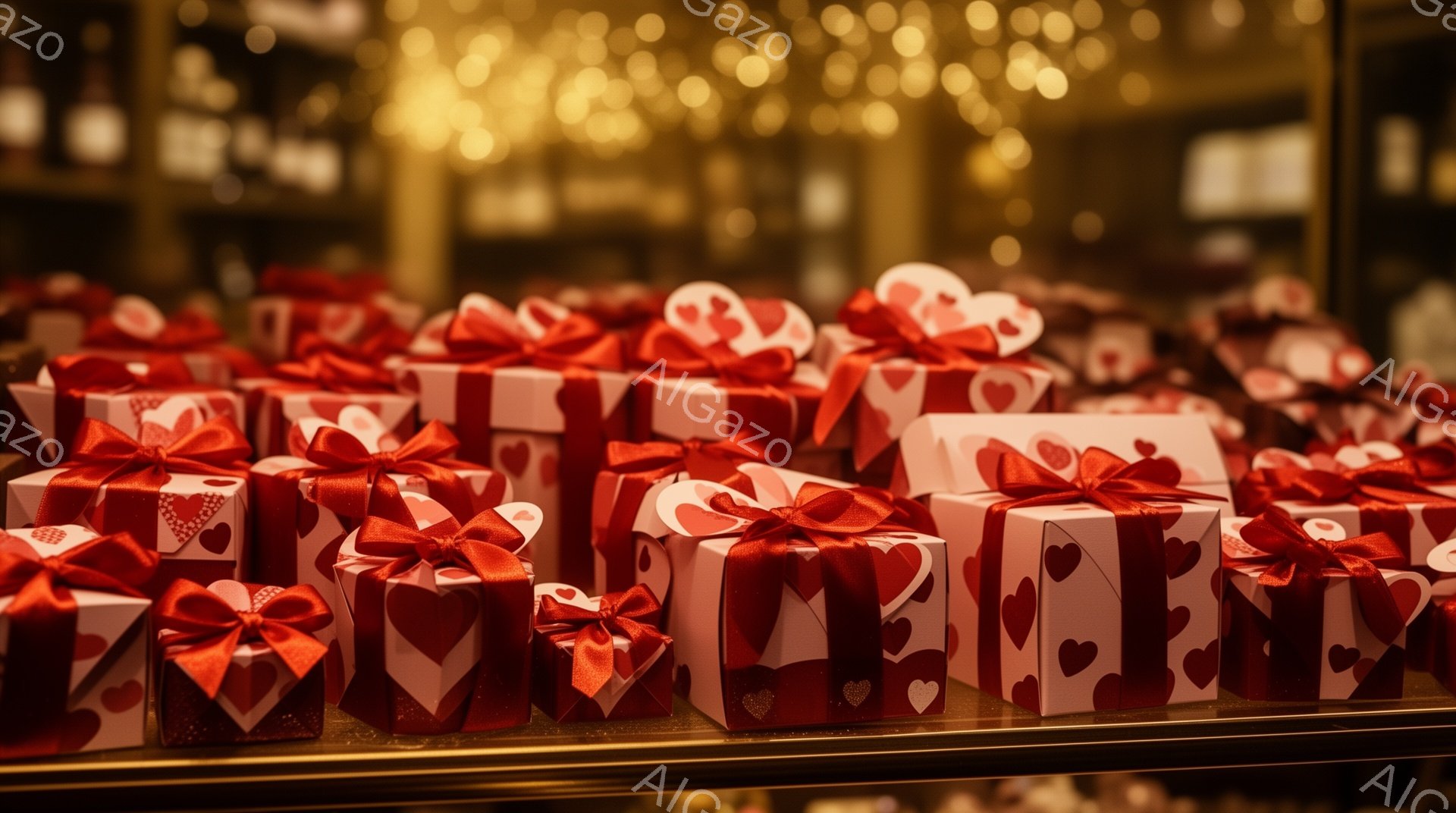 赤と白のハート模様のギフトボックスが整然と並べられており、それぞれが赤いリボンで結ばれています。背景はぼやけており、光の粒子が散りばめられた暖かい雰囲気で、おそらくお店のショーウィンドウかディスプレイのようですね。全体的にロマンチックで祝祭的な印象を受けます。