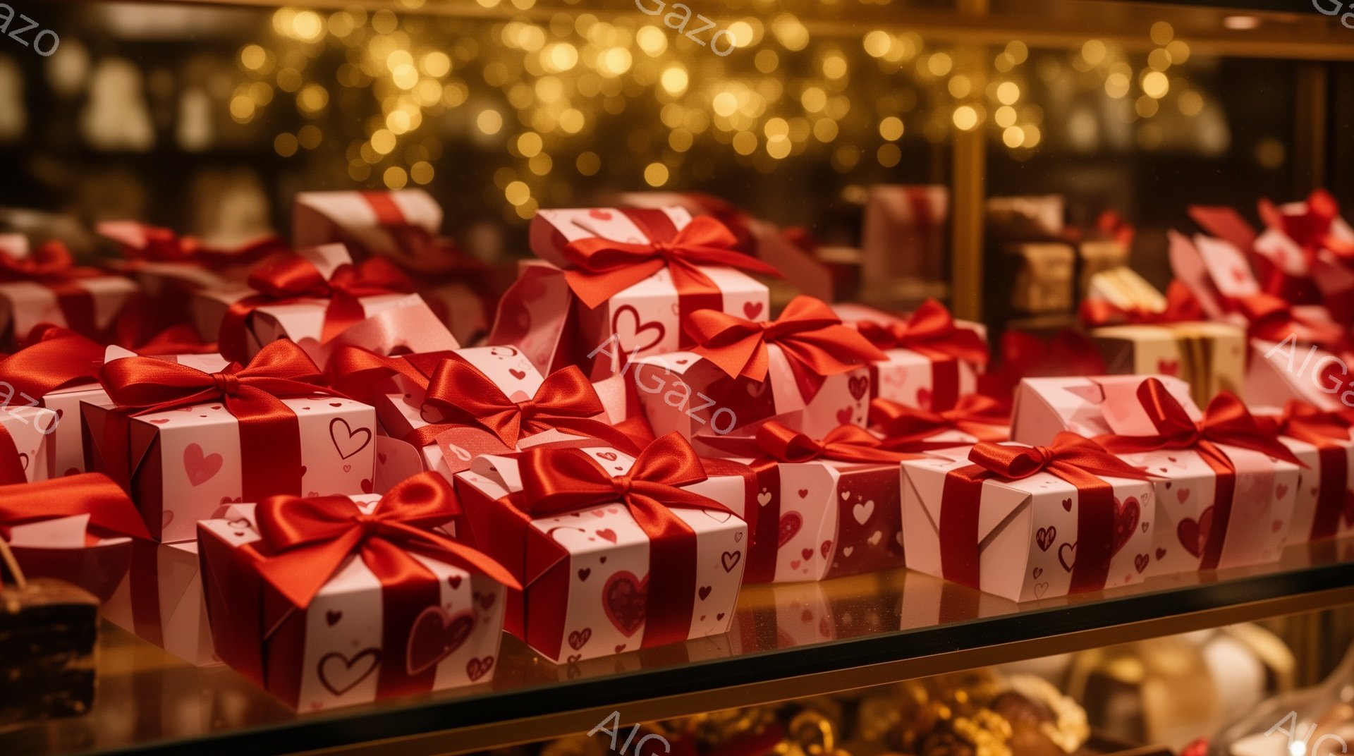 白地に赤いハート柄のギフトボックスが棚に整然と並べられ、それぞれに赤いリボンが結ばれています。背景はぼかされた明るい光で、ショーウィンドウの中の展示のようであり、お祝いや特別な機会を連想させます。暖かく甘い雰囲気で、バレンタインデーやその他のロマンチックなイベントにぴったりの光景です。
