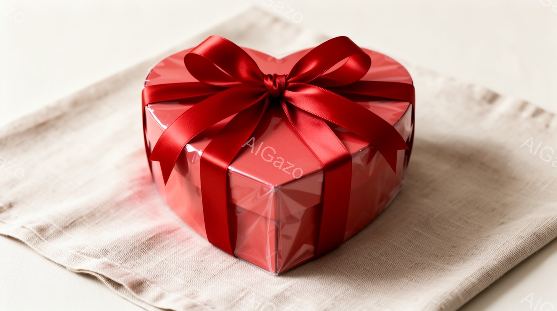 真っ赤なハート型のギフトボックスが、ベージュ色の布の上に置かれています。リボンも同じ赤色で、丁寧に結ばれており、贈り物への期待感を高めます。背景はぼやけており、ギフトボックスが主役として際立っています。