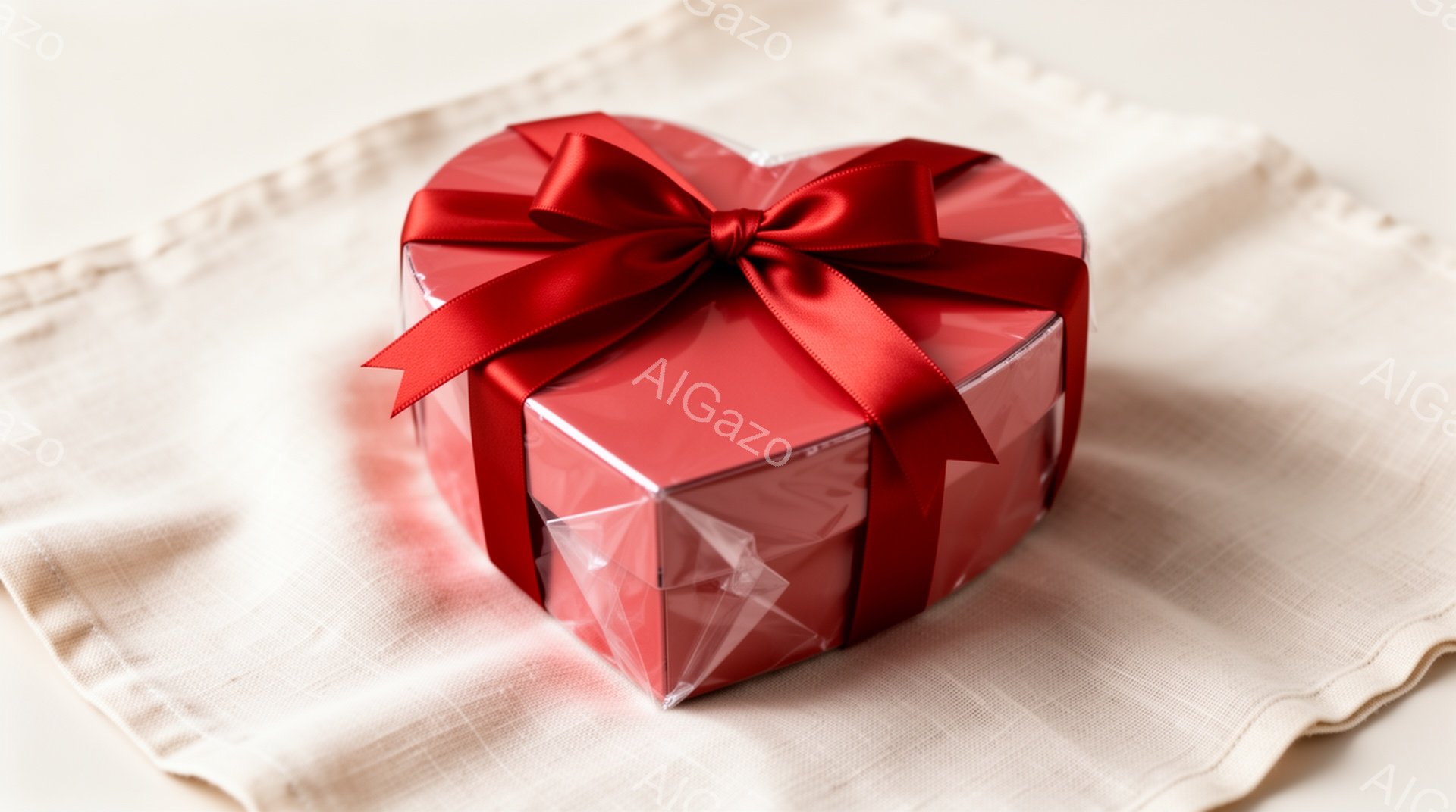 白い布の上に、赤いリボンで結ばれた透明なギフトボックスが置かれています。箱は正方形で、リボンは丁寧に結ばれており、プレゼントの準備が整っている様子が伺えます。 全体的にシンプルで上品な雰囲気で、特別な日の贈り物に適しているように見えます。