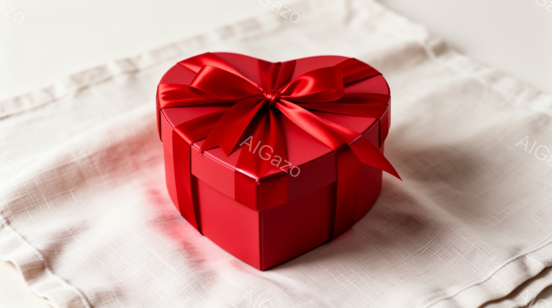 真っ赤なハート型のギフトボックスが、オフホワイトのしわのある布の上に置かれています。ボックスには赤いリボンが上品に結ばれており、贈り物として贈るのにふさわしい、ロマンチックで温かい雰囲気を醸し出してい - AI生成フリー素材