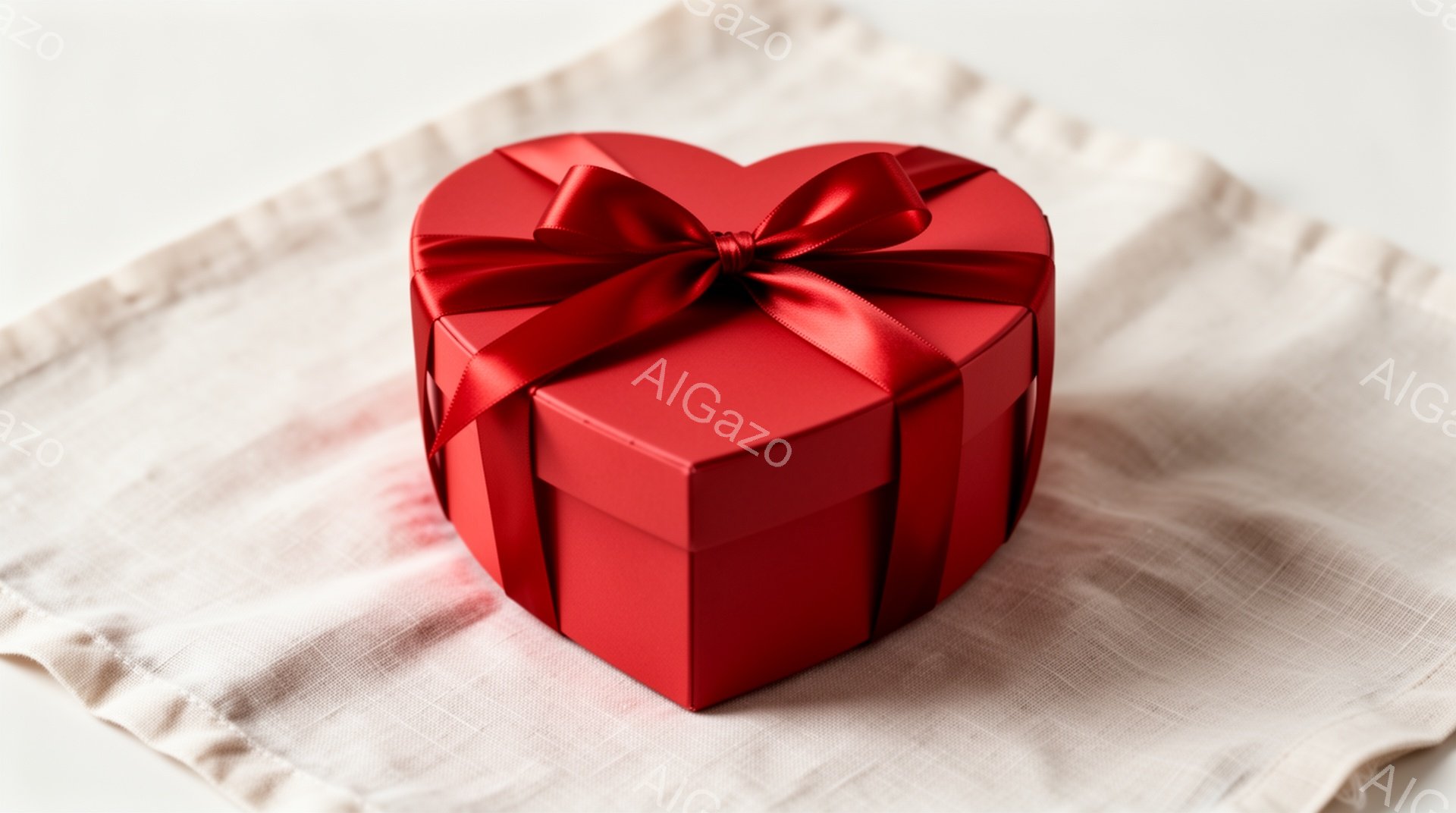 真っ赤なハート型のギフトボックスが、シワのあるクリーム色の布の上に置かれています。リボンは同じ赤色で、丁寧に結ばれており、ボックスの美しい形状を際立たせています。全体的に、愛とロマンスを想起させる、温かく優しい雰囲気です。
