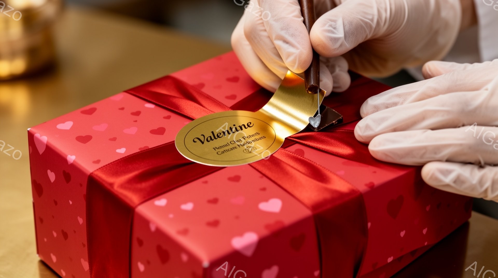 真っ赤なハート柄のギフトボックスの上で、誰かが金色のリボンを繊細に作業しています。作業者は白い手袋を着用しており、焦点はリボンとギフトボックスに当てられています。背景はぼやけており、金色の装飾がわずかに見え、全体的に優雅で手作りの雰囲気を醸し出しています。