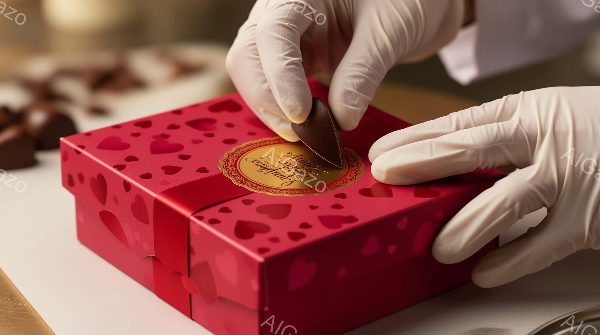 赤いハート柄の箱に、白い手袋をはめた手がチョコレートを置こうとしている様子が写っています。チョコレートは金色の包装紙で包まれており、箱の縁が見えます。背景はぼやけており、チョコレートの製造または包装の場面であることが示唆されています。