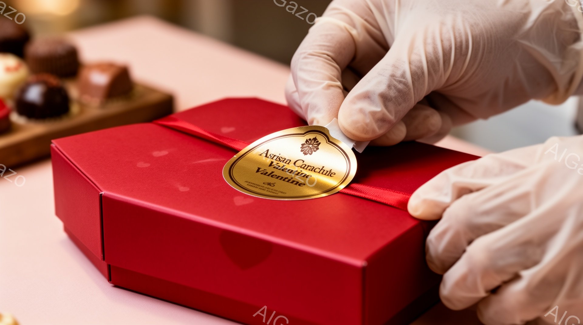 真っ赤なギフトボックスに白い手袋をはめた手がシールを貼ろうとしています。シールには「Valentine」と書かれており、金色の装飾が施されています。背景には、チョコレートが並んだトレーと、ぼやけたピン - AI生成フリー素材
