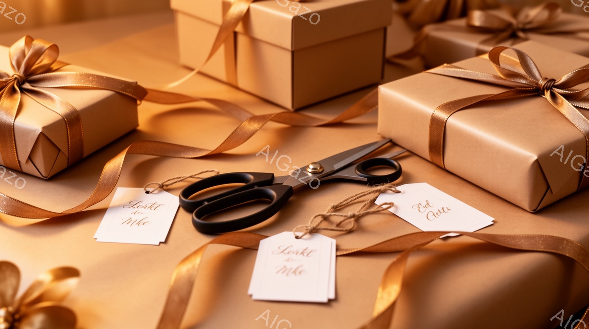 画像には、茶色の包装紙で包まれたプレゼントが数個写っており、それぞれが金色のリボンで飾られています。プレゼントの横には黒いハサミと、メッセージが書かれたタグがいくつか散らばっており、ラッピング作業の様子が伺えます。全体的に暖色系のトーンで、温かく、お祝いムードに満ちた雰囲気です。
