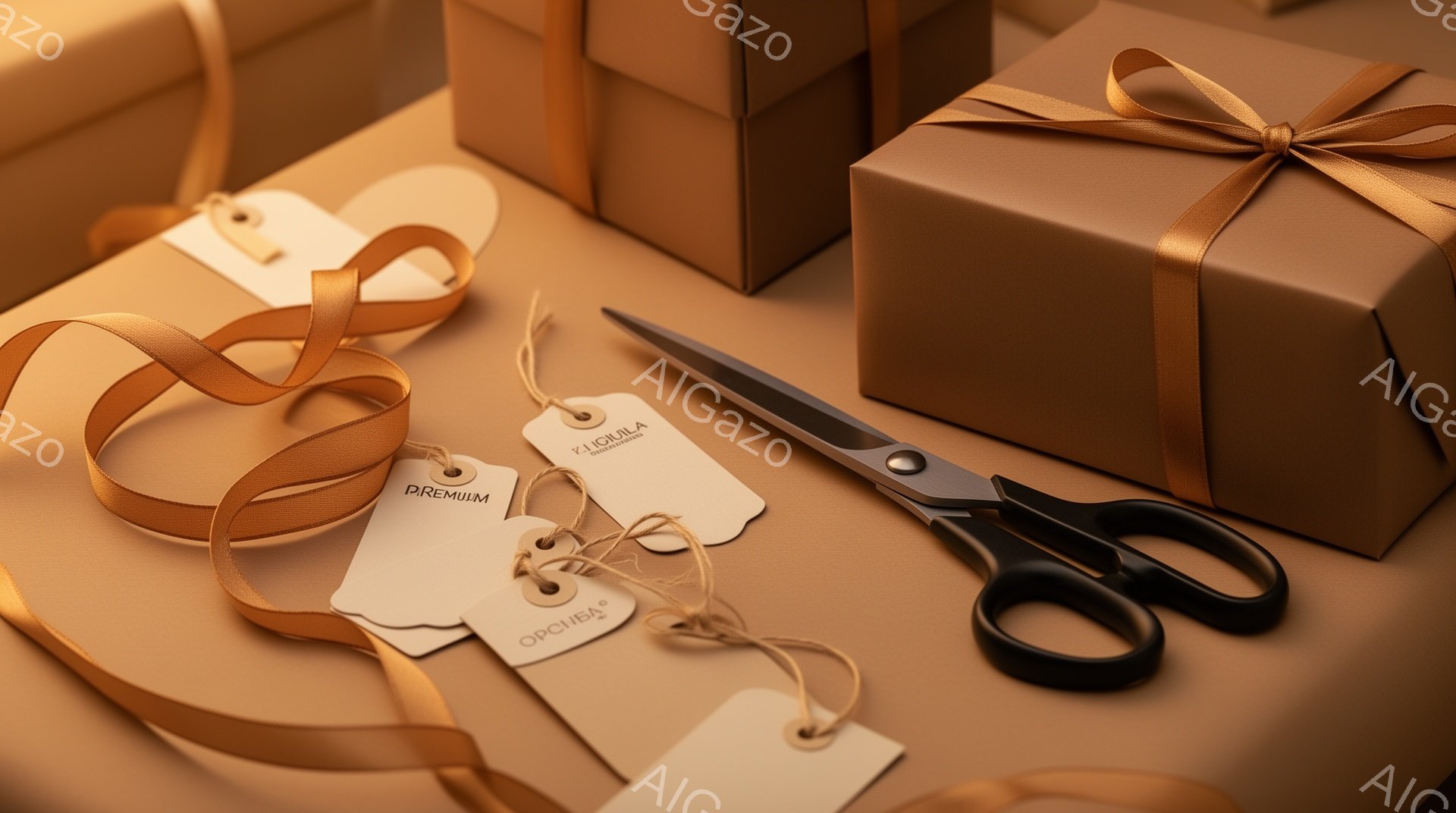 暖色系の背景に、ギフトボックスとラッピングのリボン、タグ、そして黒いハサミが配置されています。リボンは緩やかに流れ、タグには「PREMIUM」と「ORCHILA」という文字が書かれています。全体的に落ち着いた雰囲気で、ギフトラッピングの準備段階や、特別な日の贈り物を示唆しています。