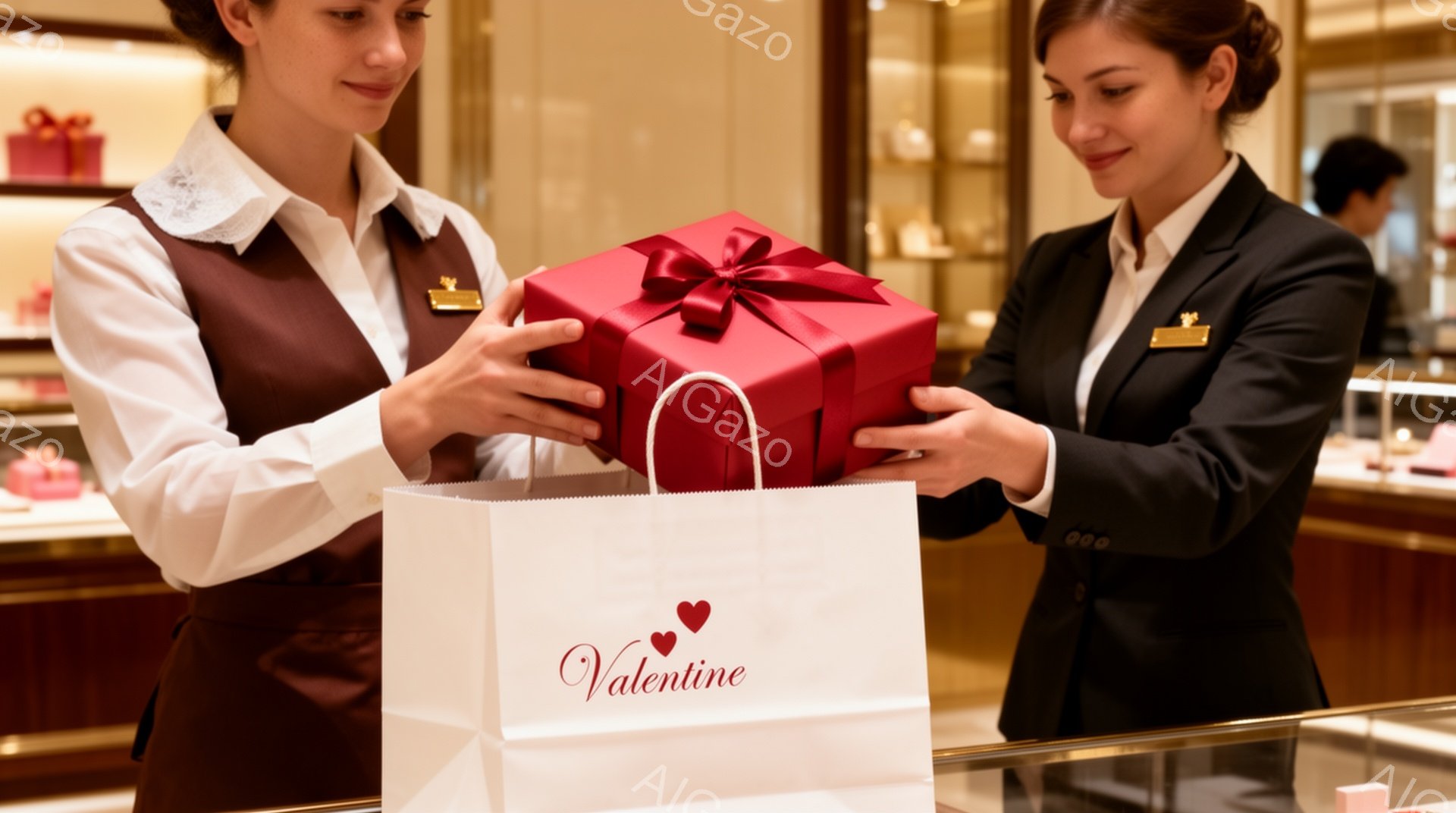 2人の女性が高級感のある店舗でプレゼントを交換している様子が写っている。左側の女性は白いブラウスと黒いスカート姿で、右側の女性は黒いスーツを着用しており、どちらも整髪され、笑顔を浮かべている。背景にはショーケースが並び、高級ジュエリーが陳列されており、温かみのある照明が全体を照らしている。