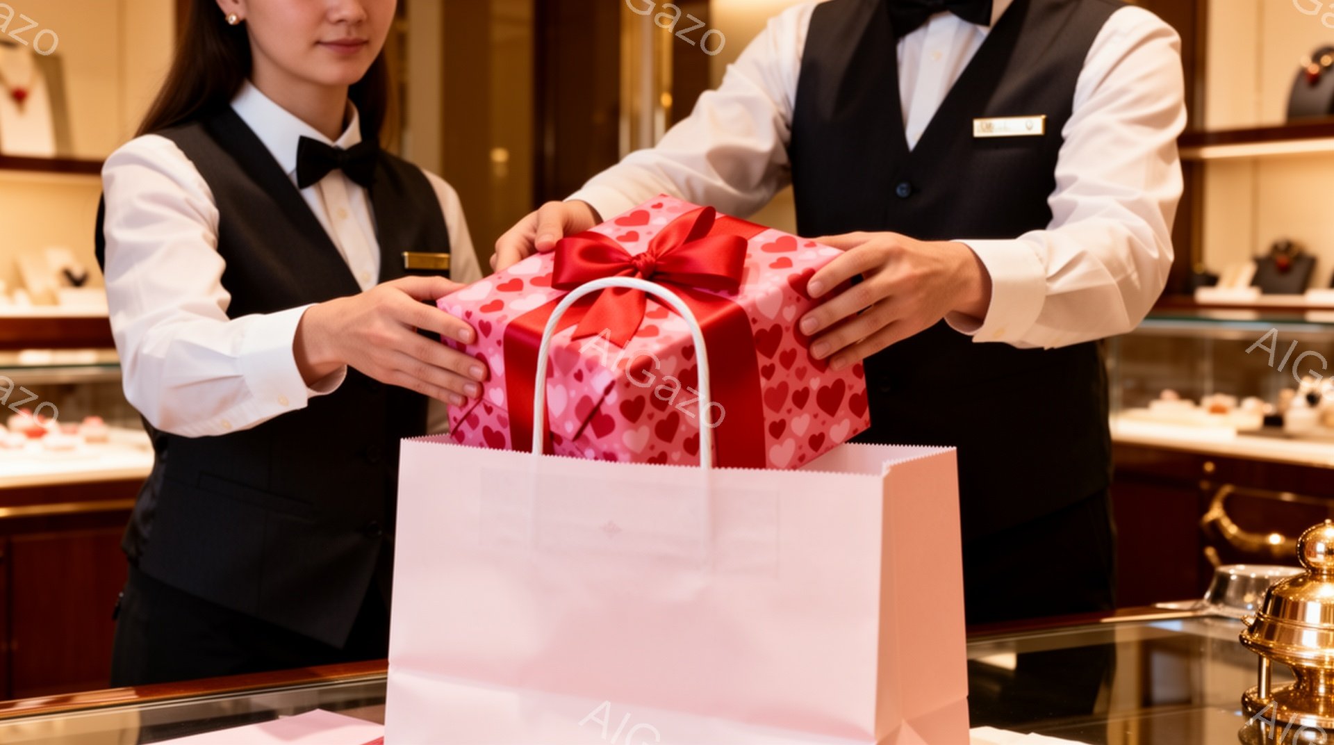 2人の従業員が、ピンク色のギフトバッグに赤いリボンで飾られたプレゼントを丁寧に詰めています。彼らは黒いベストと白いシャツを着ており、フォーマルな印象を与えます。背景には宝石店のショーケースが見え、高級 - AI生成フリー素材