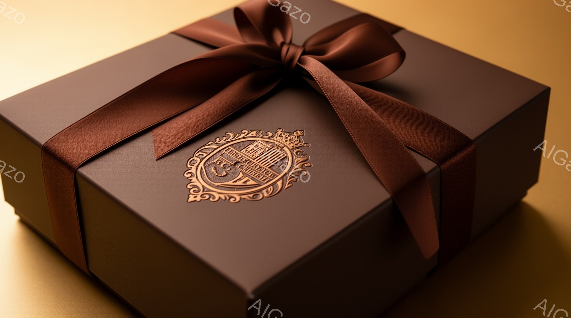 深い茶色のギフトボックスが、明るい茶色の背景の上に置かれています。ボックスには金色のエンボス加工で複雑な模様と文字が施されており、茶色のリボンが美しく結ばれています。全体的に上品で高級感のある雰囲気が漂い、特別な贈り物であることを示唆しています。