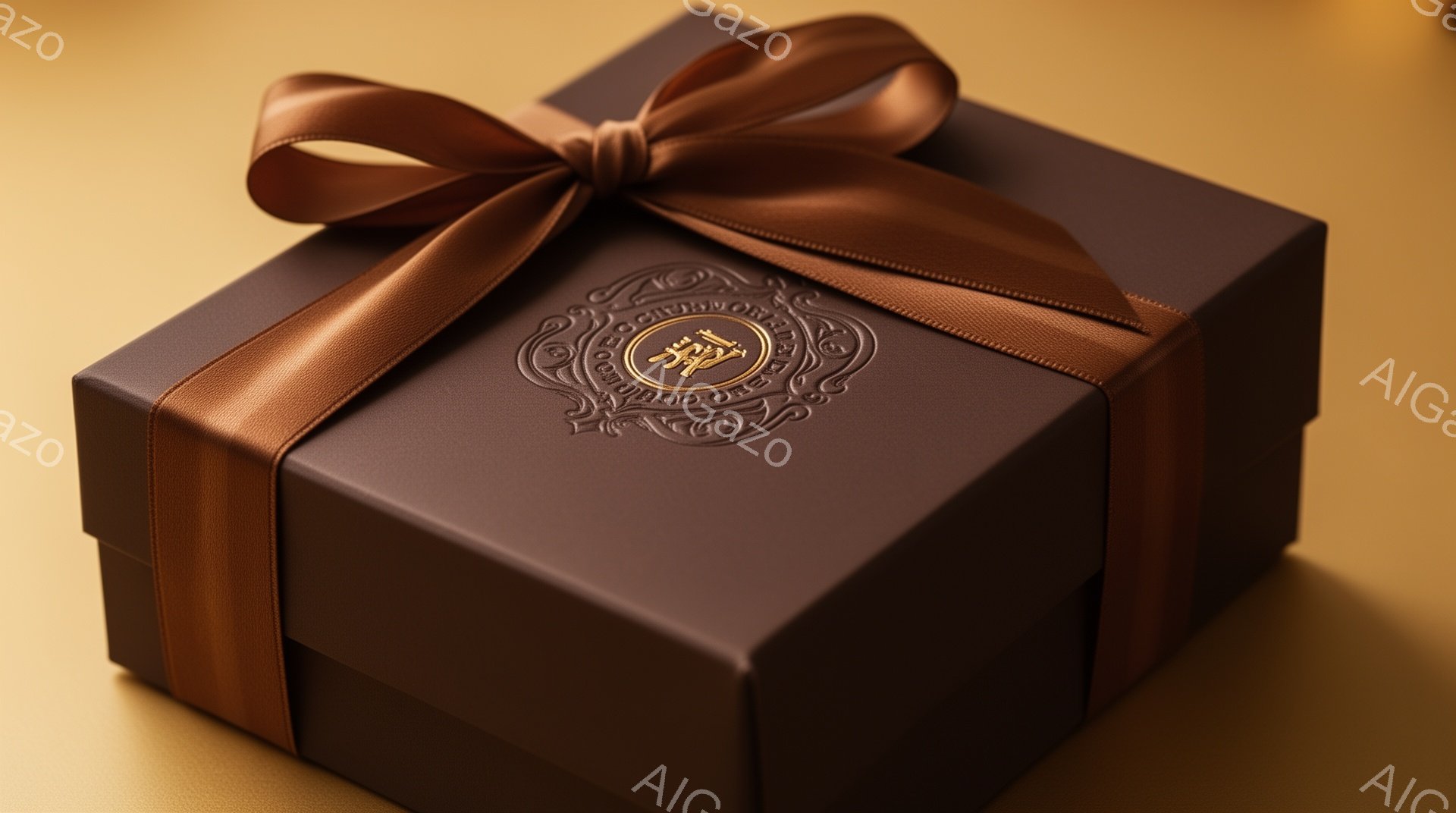 濃い茶色のギフトボックスが、同色のリボンで丁寧にラッピングされています。箱の中央には、複雑な模様のエンボス加工が施されたロゴマークが刻印されており、高級感と洗練された印象を与えます。背景は明るい茶色で - AI生成フリー素材