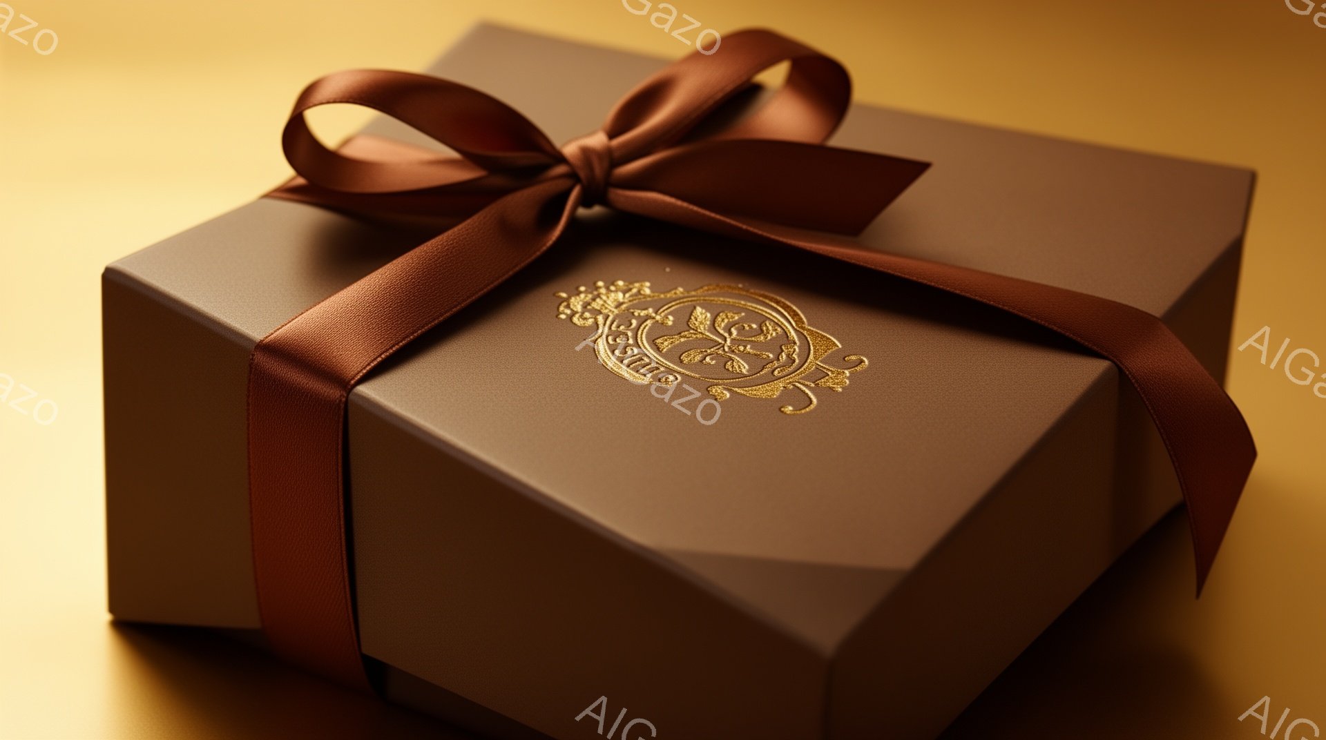 深い茶色のギフトボックスが、同じ色のリボンで丁寧にラッピングされています。ボックスの上部には金色の模様がエンボス加工されており、高級感と洗練された印象を与えます。背景はぼかされた茶色で、ボックスが際立っています。