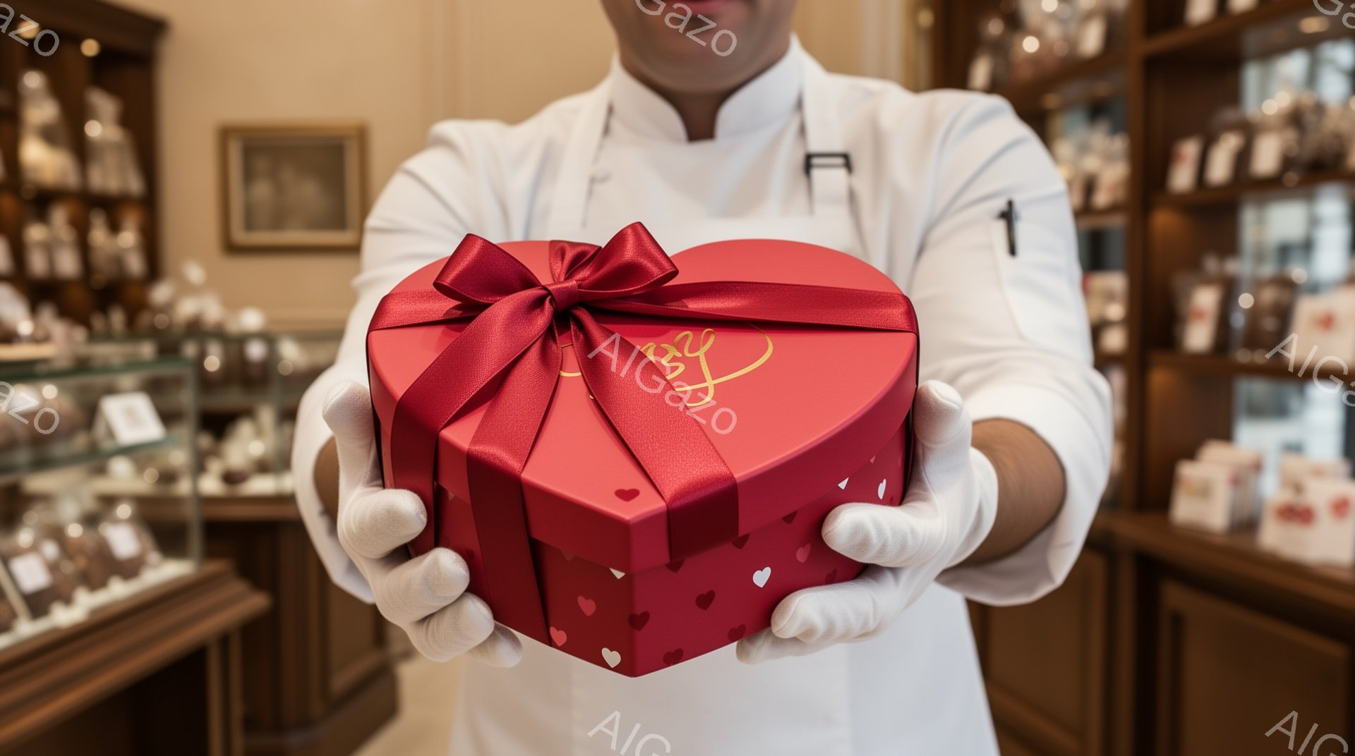白い制服と白い手袋をつけた人物が、ハート型の赤いギフトボックスを両手で差し出している。ギフトボックスには小さなハート模様が描かれ、赤いリボンが飾られている。背景にはチョコレートが並んだ棚が見え、高級感 - AI生成フリー素材