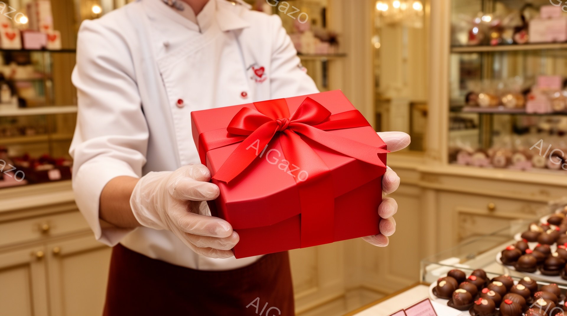 赤いギフトボックスが、白い制服と白の手袋をつけた人物によって正面に差し出されている。背景には、様々なチョコレートが並んだショーケースが見え、高級感のあるチョコレート店の様子が伺える。全体的に温かい光が差し込み、特別な贈り物やイベントを想起させる雰囲気が漂っている。