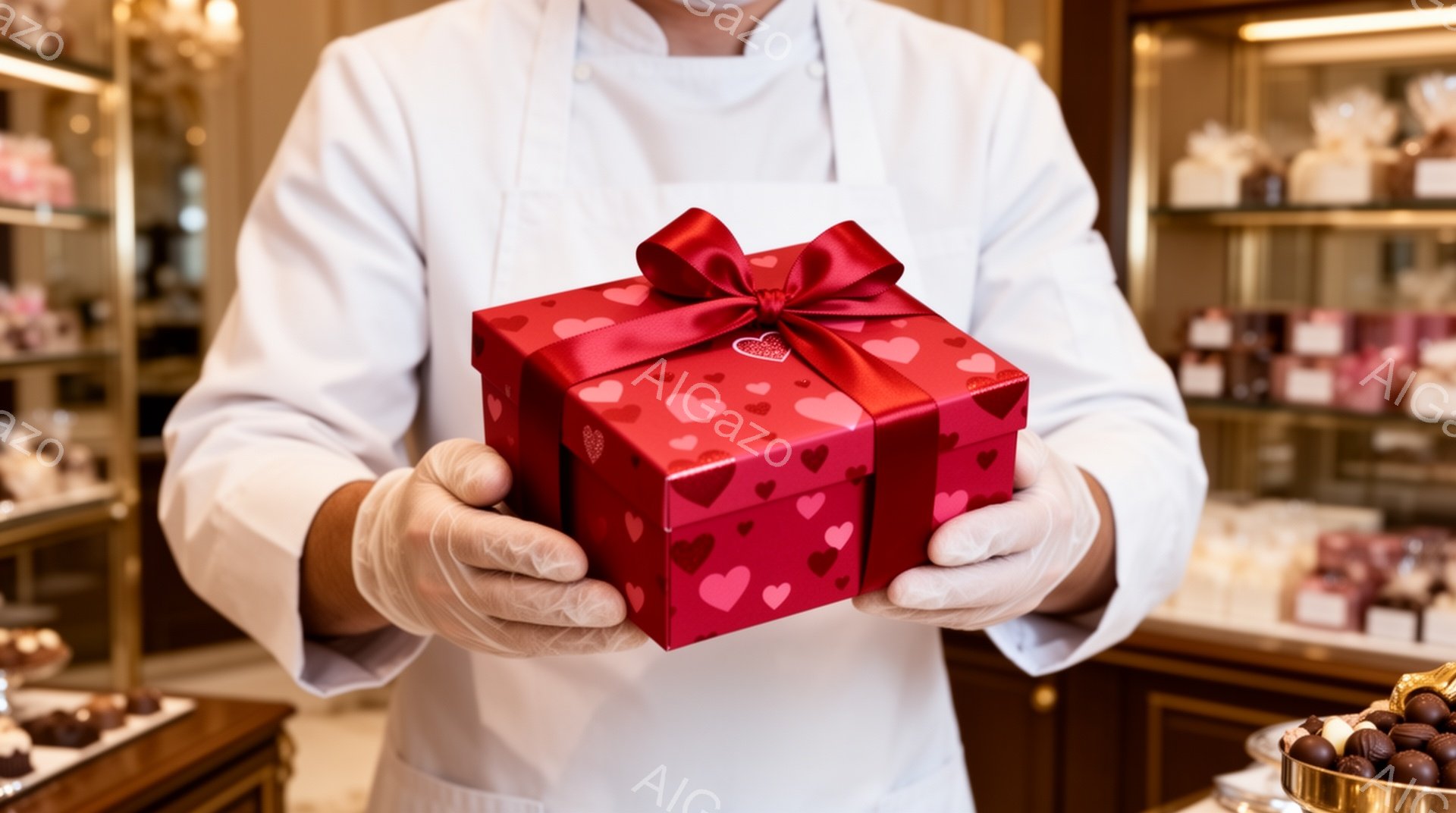 白いエプロンと白い手袋をつけた人物が、赤いハート柄のギフトボックスを両手で持っている。背景には、様々なチョコレートが並んだショーケースが見え、高級感のあるチョコレート店であることがわかる。全体的に暖か - AI生成フリー素材