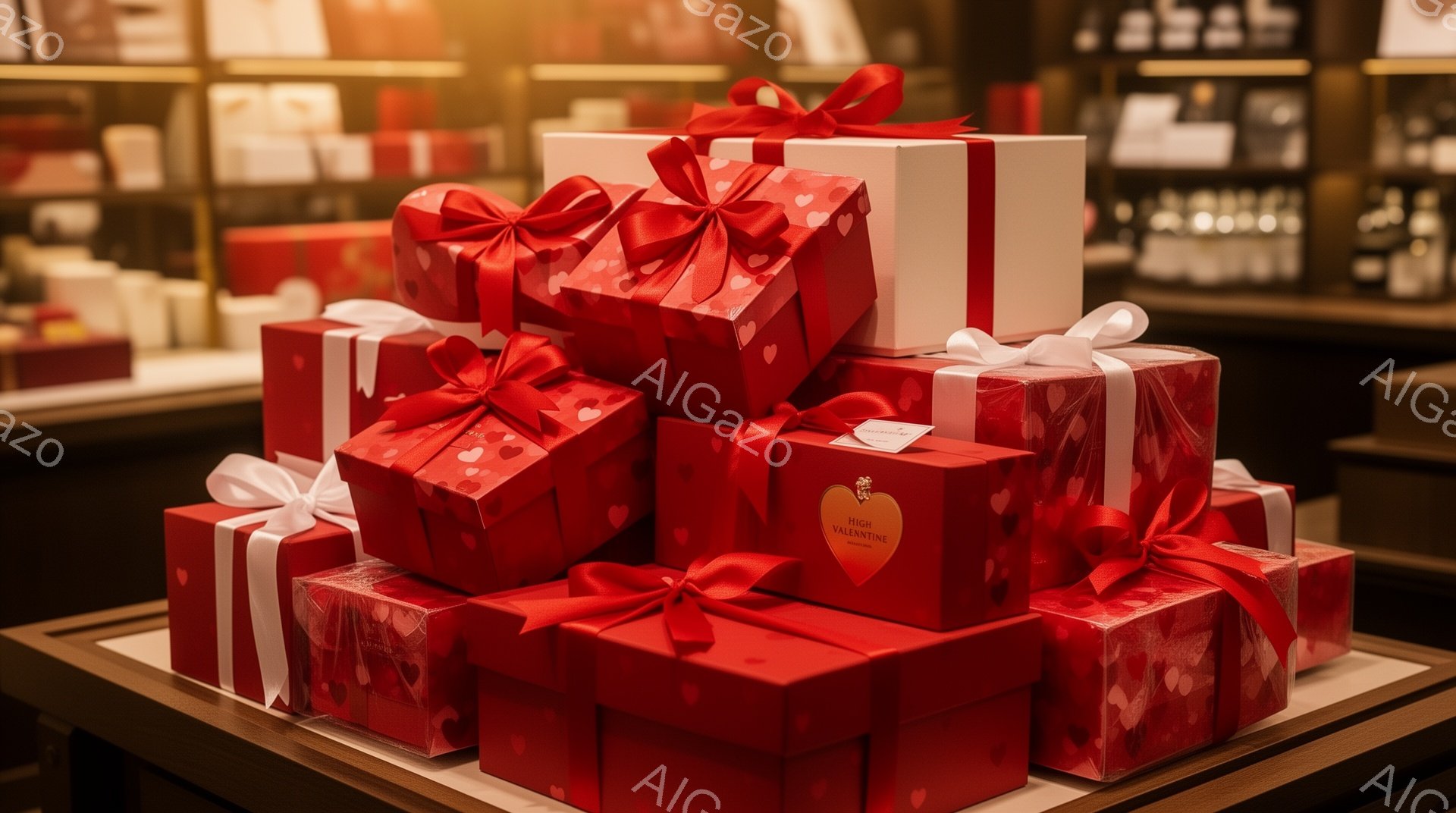 鮮やかな赤い包装紙で包まれたチョコレートのギフトボックスが積み重ねられています。ボックスには、白いハート模様が散りばめられ、それぞれに赤いリボンが結ばれています。背景には、他のギフトボックスがぼんやり - AI生成フリー素材