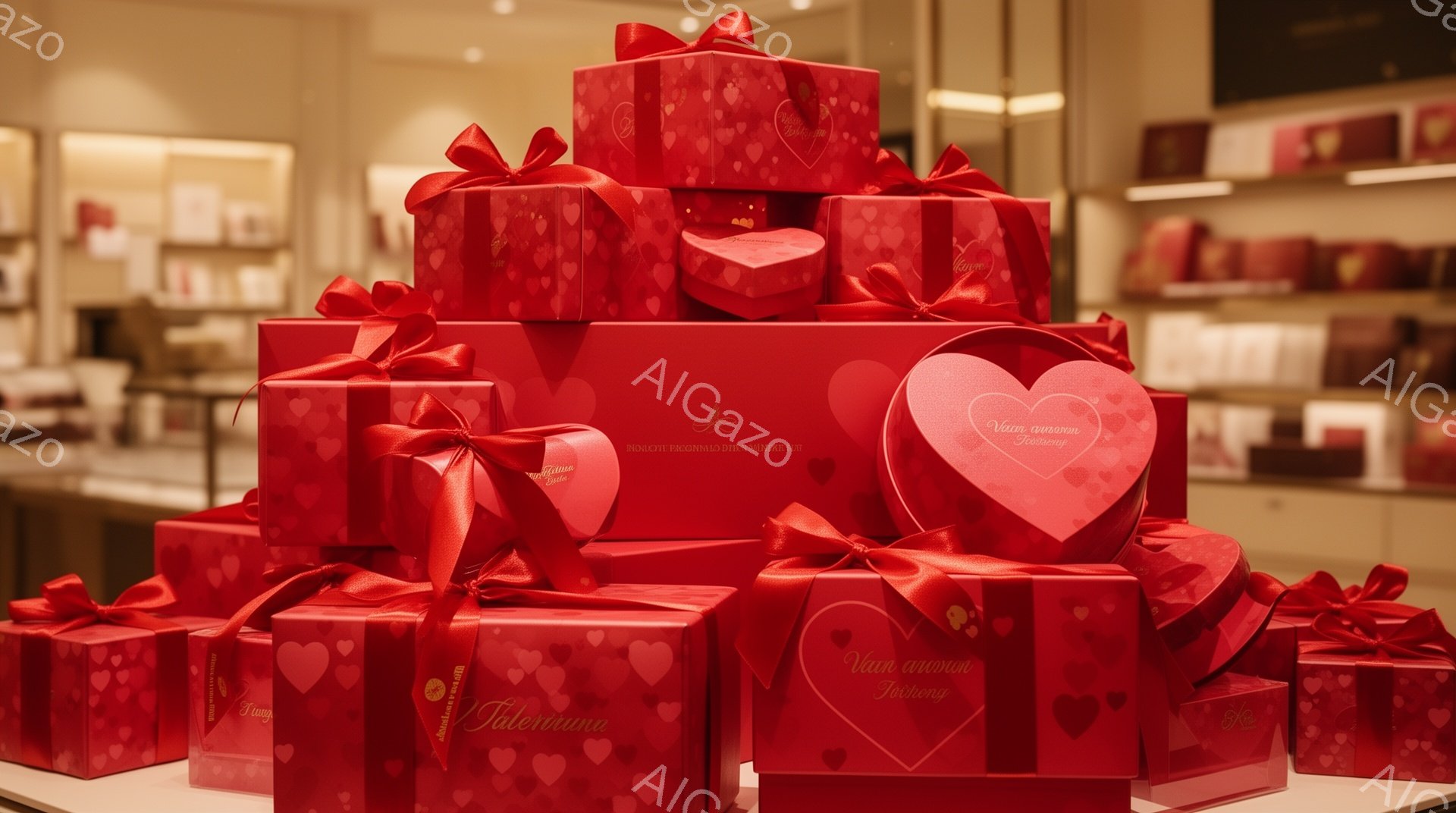 鮮やかな赤色のギフトボックスがピラミッド型に積み重ねられた写真です。各ボックスには金色のリボンと「Valentino」のロゴが入ったラベルが貼られています。背景はぼやけていますが、高級感のある店舗内で - AI生成フリー素材