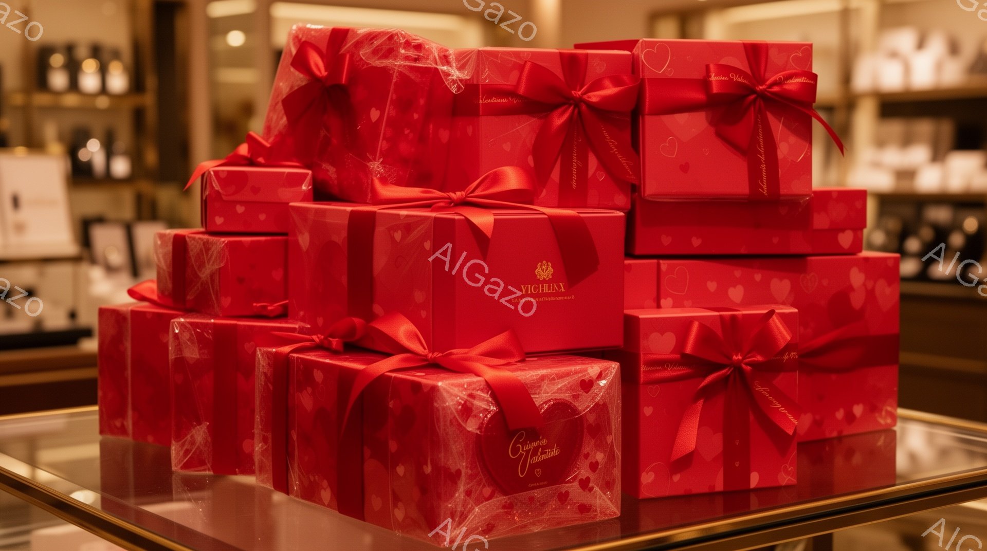 深紅色の包装紙で丁寧に包まれたギフトボックスが、ピラミッド状に積み重ねられています。リボンは明るい赤色で、華やかな印象を与えます。背景には、他のギフトボックスがぼんやりと見え、高級感のある店舗の一角を思わせる雰囲気です。