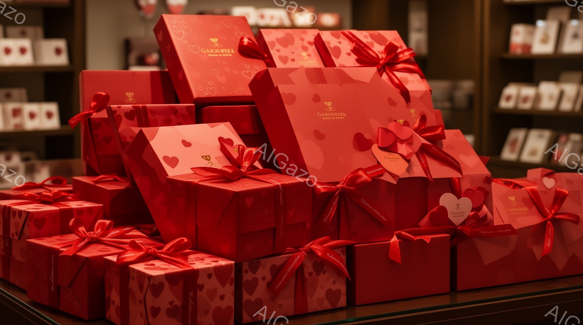 鮮やかな赤い包装紙で包まれたギフトボックスが積み上げられています。各ボックスには、赤いリボンと小さなハート型の装飾が施されており、高級感とロマンチックな雰囲気を醸し出しています。背景には、同様のギフトボックスが並び、ギフトショップやチョコレート専門店のような場所であることがわかります。