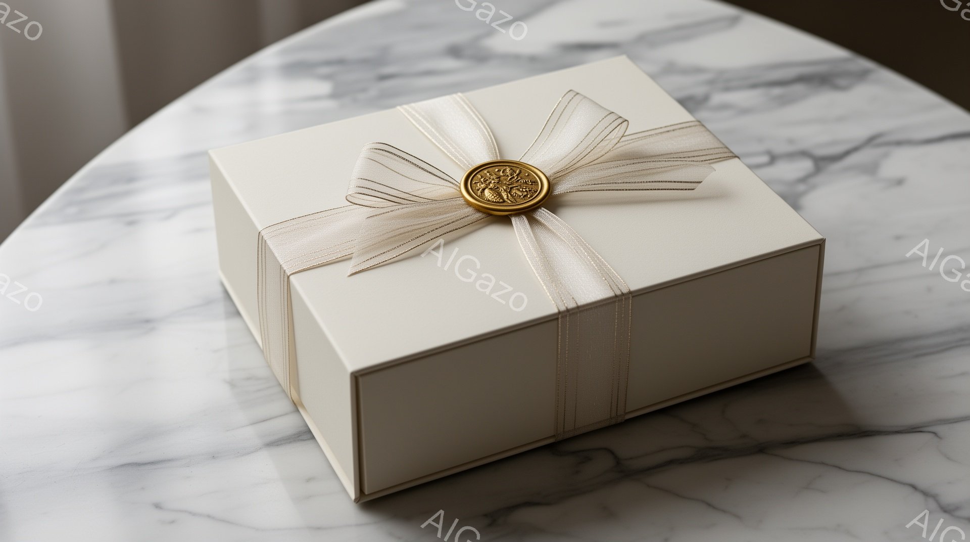 白いギフトボックスが、大理石模様のテーブルの上に置かれています。ボックスはベージュのリボンと金色のエンボスシールで飾られ、上品な印象を与えます。背景の大理石模様は、ボックスのシンプルさを引き立て、洗練された雰囲気を醸し出しています。