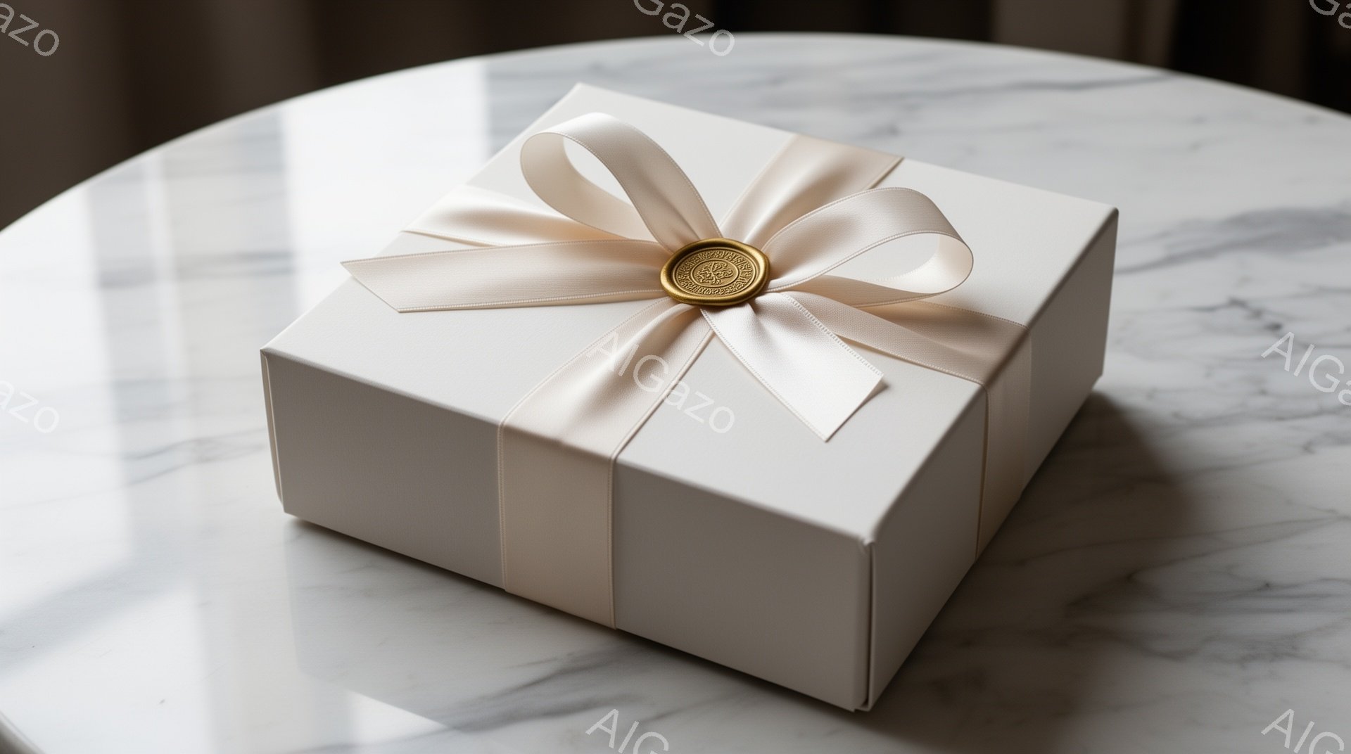 白いギフトボックスが、大理石模様のテーブルの上に置かれています。ボックスは丁寧にラッピングされており、ベージュ色のリボンが中央で結ばれ、金色のエンボスが施されたタグが付いています。全体的に上品で洗練された雰囲気で、特別な贈り物やイベントを想起させます。