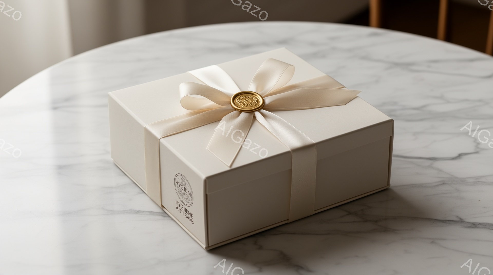 白い大理石のテーブルの上に、オフホワイトのリボンとゴールドのエンボスが入ったシールで飾られた、正方形のオフホワイトのギフトボックスが置かれています。明るく柔らかな光が当たり、上品で洗練された雰囲気を醸し出しています。背景はぼかされており、ギフトボックスが際立っています。