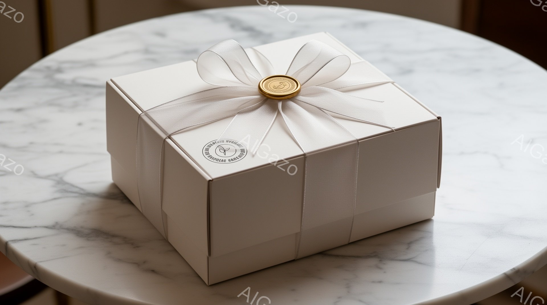 白いギフトボックスが、大理石模様のテーブルの上に置かれている。ボックスは丁寧に包装されており、オフホワイトのリボンで結ばれ、金色のエンブレムが付いている。背景はぼやけており、上品で洗練された雰囲気を醸し出している。