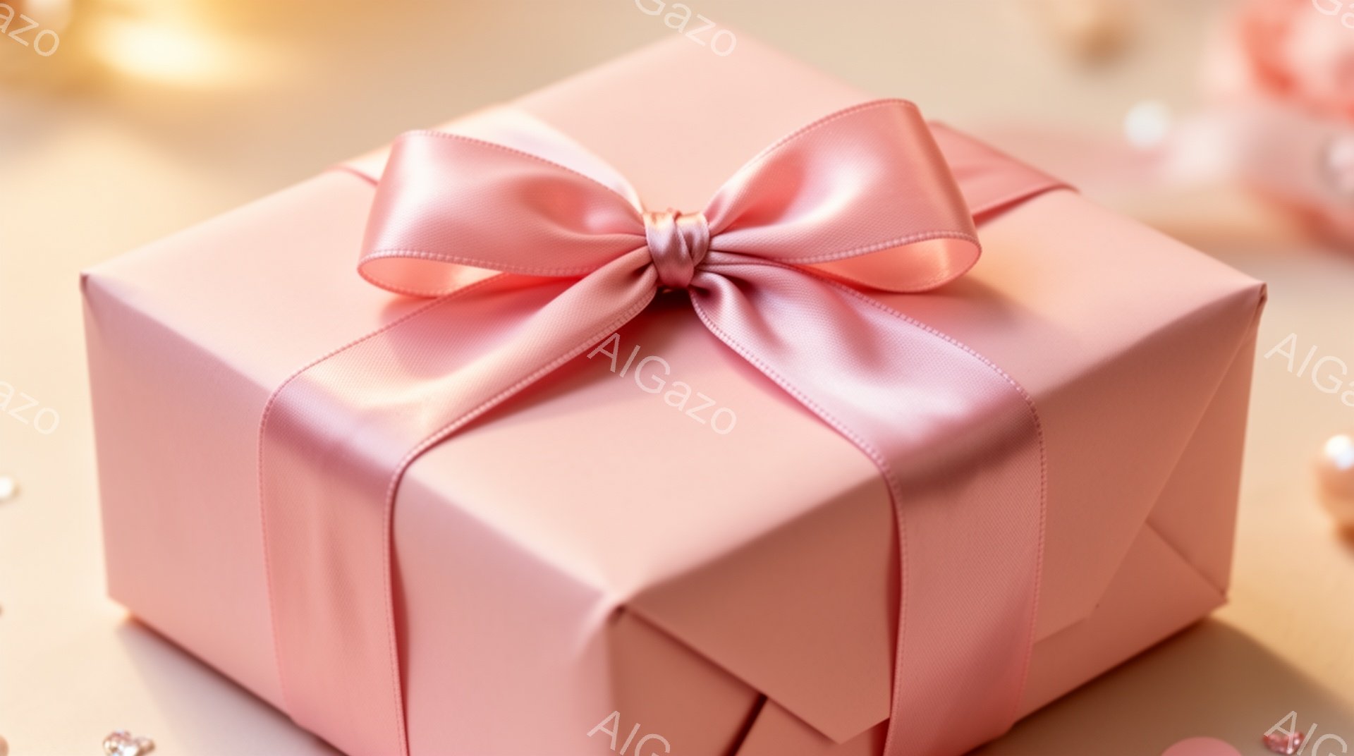 薄いピンク色のギフトボックスが、光沢のある同色のリボンで美しくラッピングされています。ボックスは正方形で、慎重に折り畳まれたラッピングペーパーが確認できます。背景にはぼやけたキラキラした装飾があり、全体的に優しく温かい雰囲気を作り出しています。