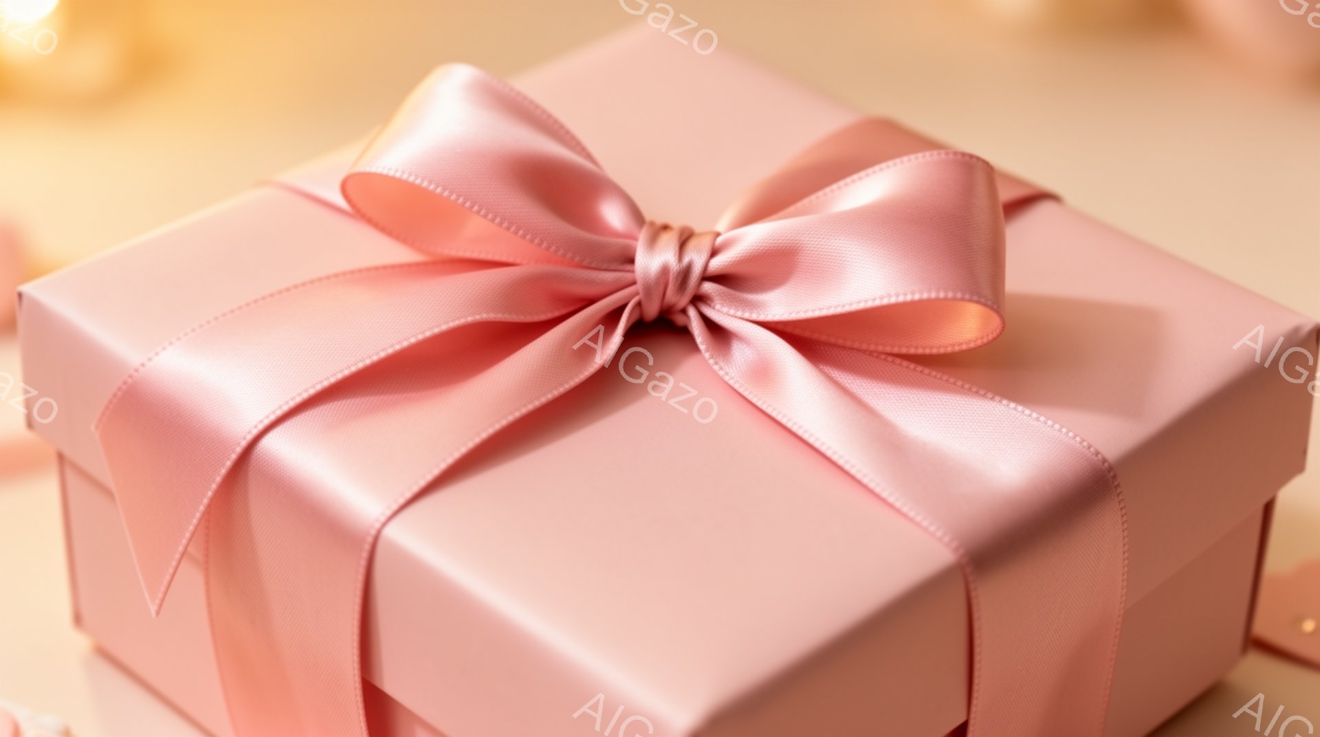 薄いピンク色のギフトボックスが中央に配置されており、明るいピンクのリボンが美しく結ばれています。背景はぼやけており、温かみのある光が差し込み、贈り物への期待感を高めています。全体的に、優雅でロマンチックな雰囲気が漂っています。