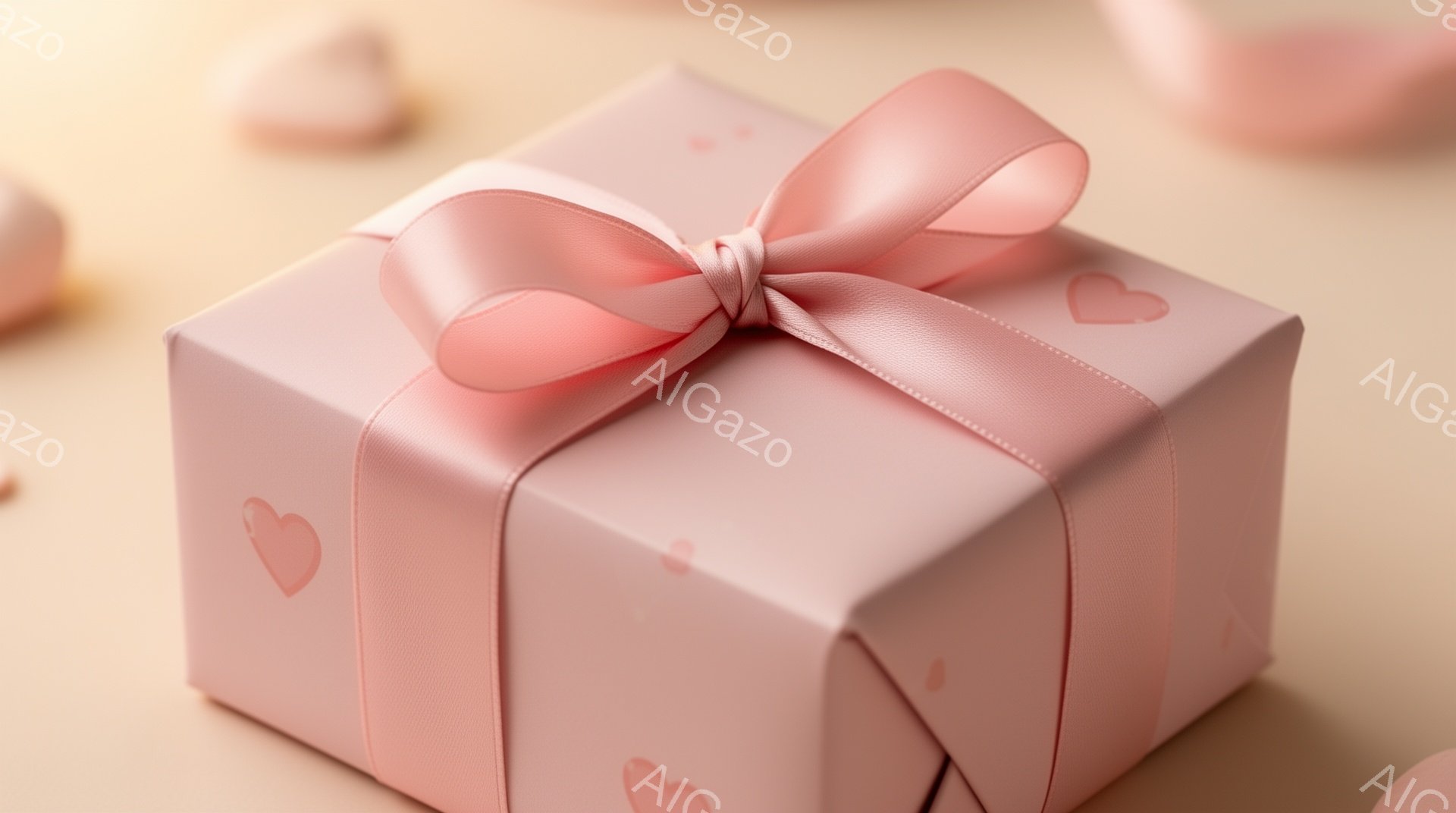 淡いピンク色のギフトボックスが、優しいベージュ色の背景の上に置かれています。ボックス全体には可愛らしいハートの模様が散りばめられ、ピンクのリボンが丁寧に結ばれています。 周りには、同じくピンク色のハー - AI生成フリー素材