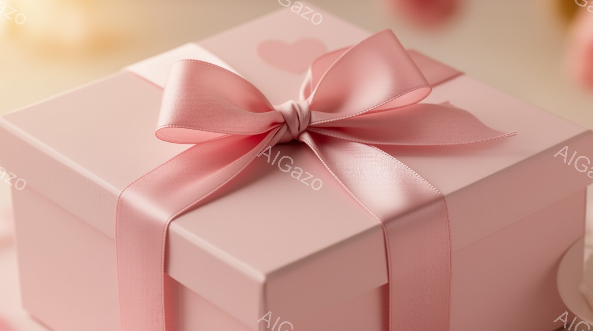 淡いピンク色のギフトボックスが写っており、リボンで丁寧に飾られています。ボックスの上部にはハート型の装飾が施され、柔らかい光が当たっています。全体的に優しい雰囲気で、贈り物や特別な機会を連想させます。