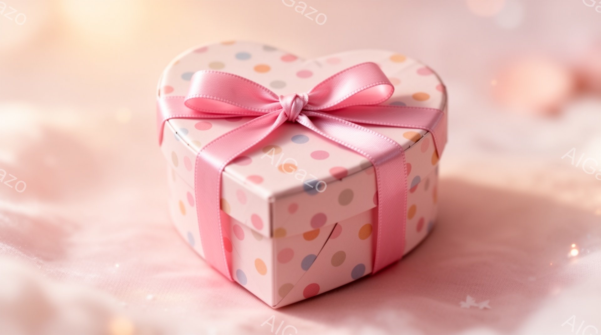 薄いピンク色の背景に、水玉模様のハート型のギフトボックスが置かれています。明るいピンクのリボンが可愛らしく結ばれており、全体的に柔らかく優しい雰囲気です。背景にはぼんやりとした光の粒子があり、ロマンチックな印象を与えます。
