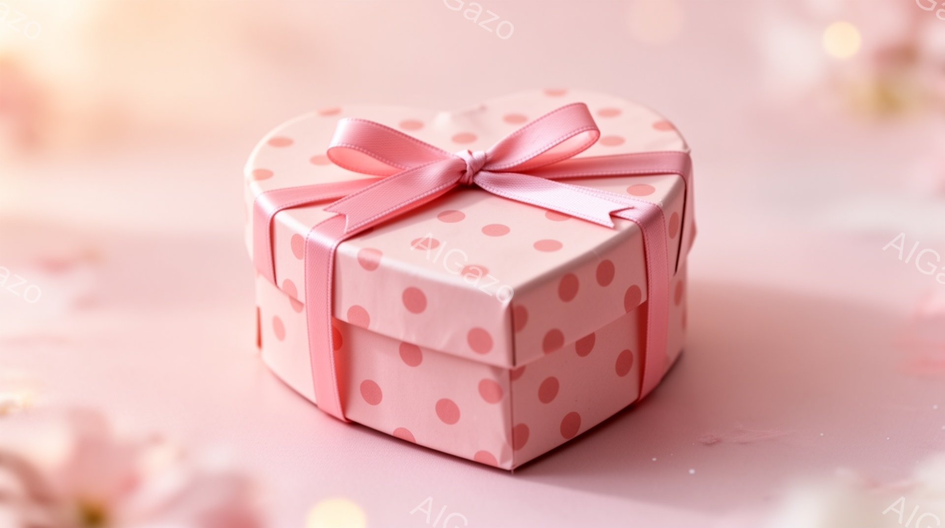 薄いピンク色の水玉模様のギフトボックスが、柔らかい光の中で浮かび上がっている。箱はハート型で、明るいピンク色のリボンが丁寧に結ばれている。背景はぼやけたピンク色で、春らしい桜の花びらが散りばめられており、ロマンチックで優しい雰囲気を醸し出している。