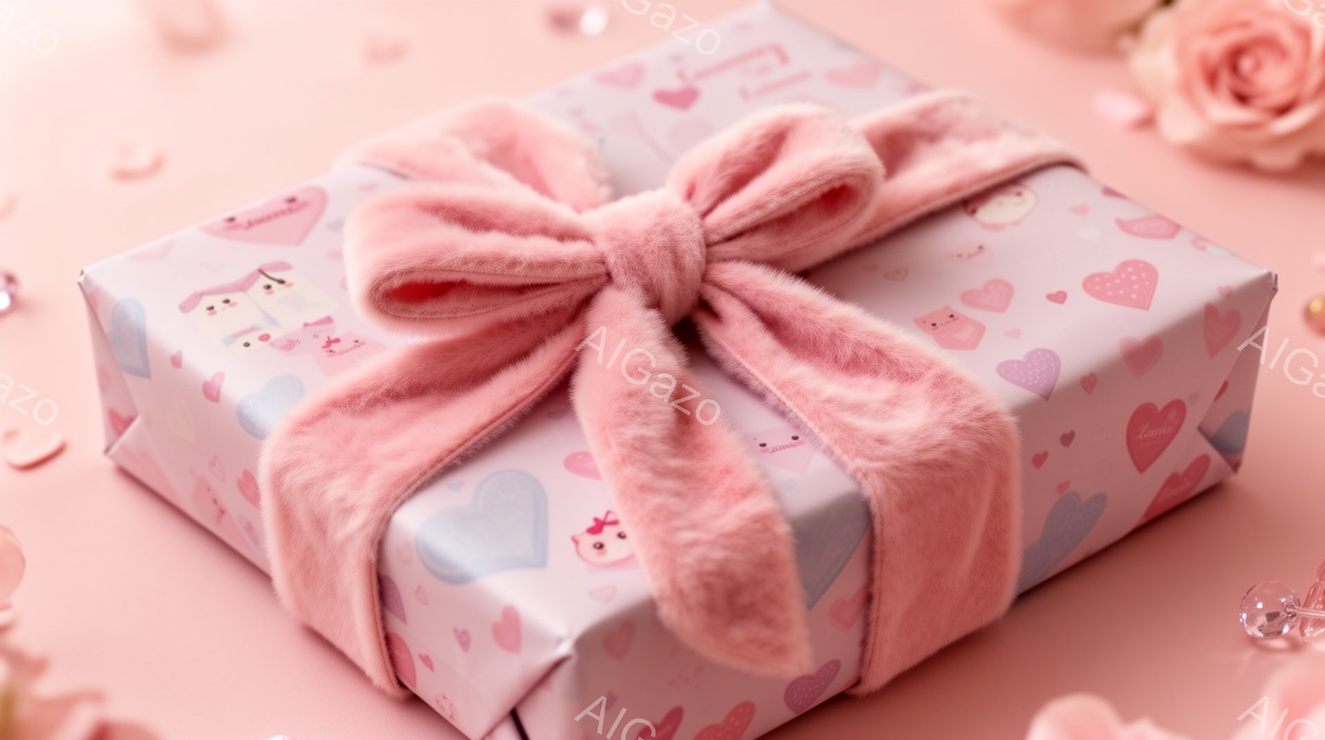 淡いピンク色の背景に、可愛らしいラッピングペーパーで包まれたプレゼントが置かれています。ラッピングペーパーには、ハートや犬のイラストが散りばめられており、ふんわりとしたピンク色のリボンが結ばれています。全体的に柔らかい雰囲気で、贈り物や愛情を表現しているようです。