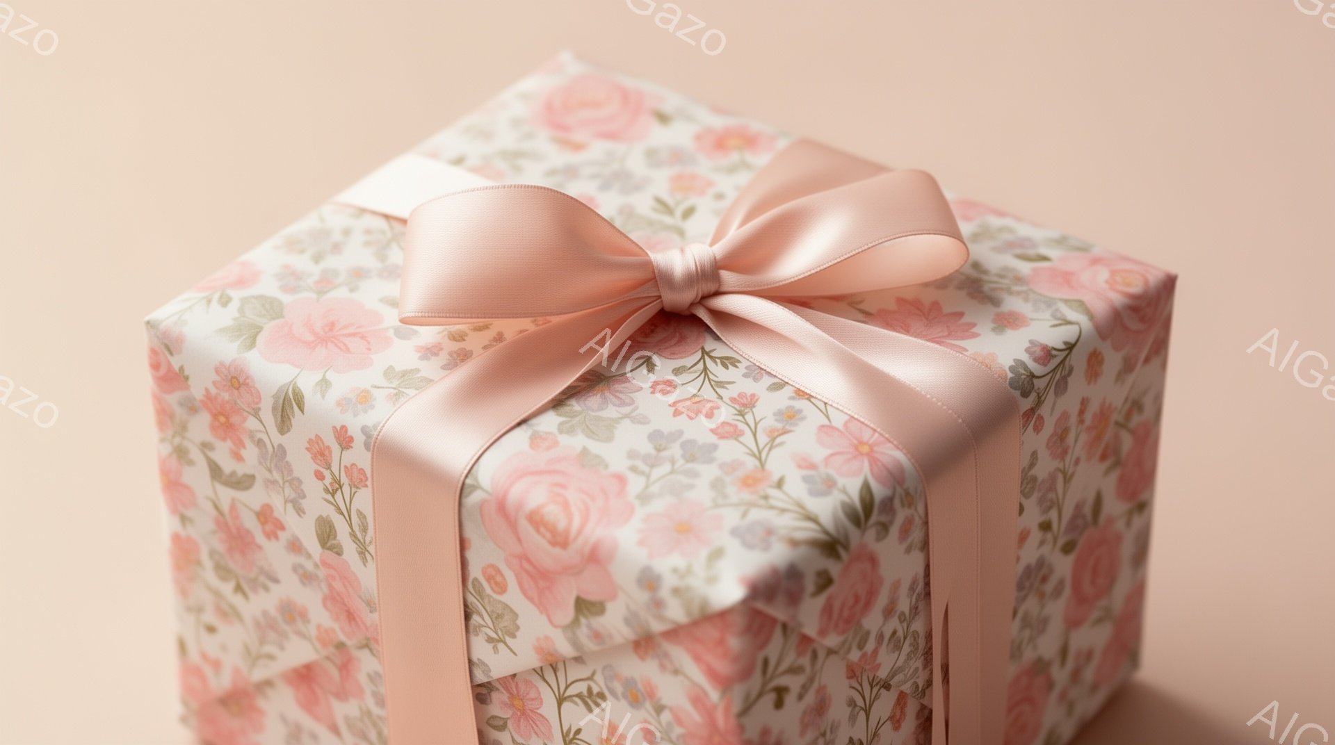 淡いピンクと白の花柄のラッピングペーパーで丁寧に包まれたギフトボックスが写っている。リボンも同系色の優しいピンクで結ばれており、全体的に柔らかく可愛らしい印象を与える。背景は明るいベージュ色で、ギフト - AI生成フリー素材