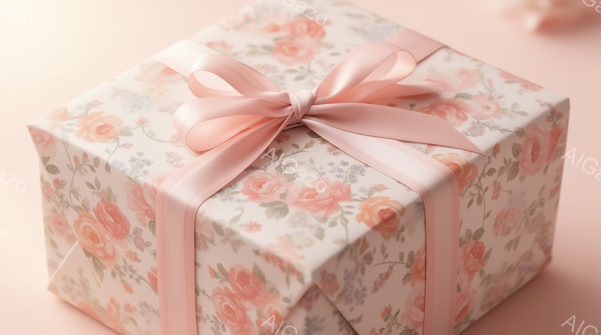 明るいベージュ色の背景に、花柄のラッピングペーパーで丁寧に包まれたプレゼントが置かれています。ラッピングには、淡いピンクのリボンが巻かれ、可愛らしい印象を与えています。全体的に柔らかい光が差し込み、温 - AI生成フリー素材