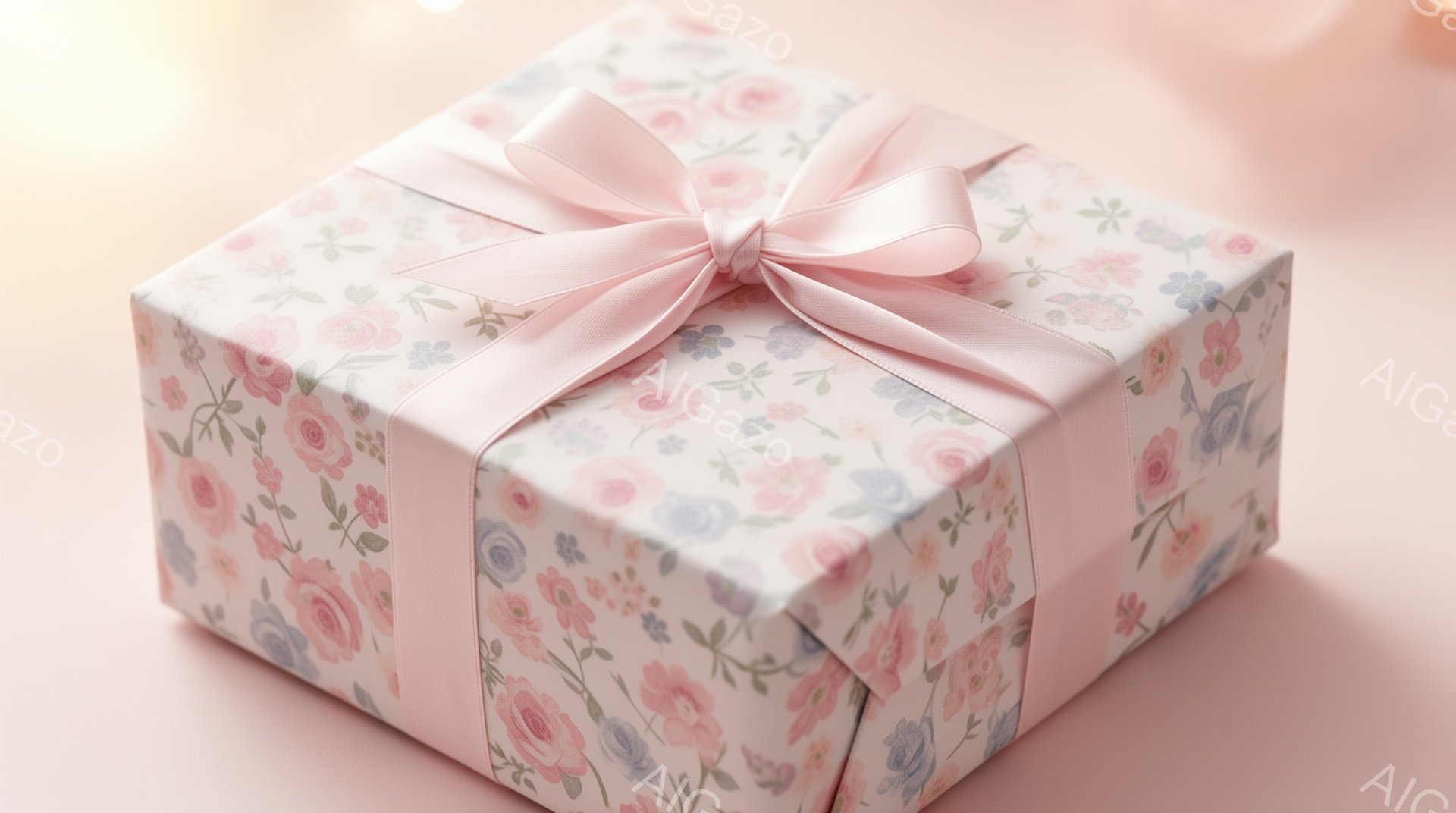 淡いピンク色の背景に、花柄のラッピングペーパーで丁寧に包まれたプレゼントが置かれています。ラッピングペーパーには、ピンクと水色の花々が散りばめられており、明るく可愛らしい印象を与えます。リボンも同じピンク色で、プレゼントを上品に引き立てています。