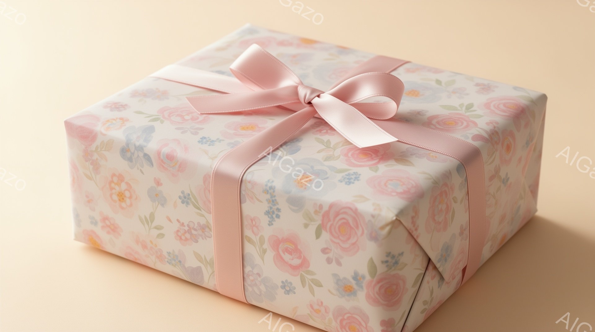 明るいベージュ色の背景に、花柄のラッピングペーパーで丁寧に包まれたプレゼントが置かれています。ラッピングペーパーには、ピンクと水色のバラの花が描かれており、リボンも同じピンク色で結ばれています。全体的に柔らかく、優しい雰囲気で、誕生日や記念日などの特別な機会に贈る贈り物として最適です。