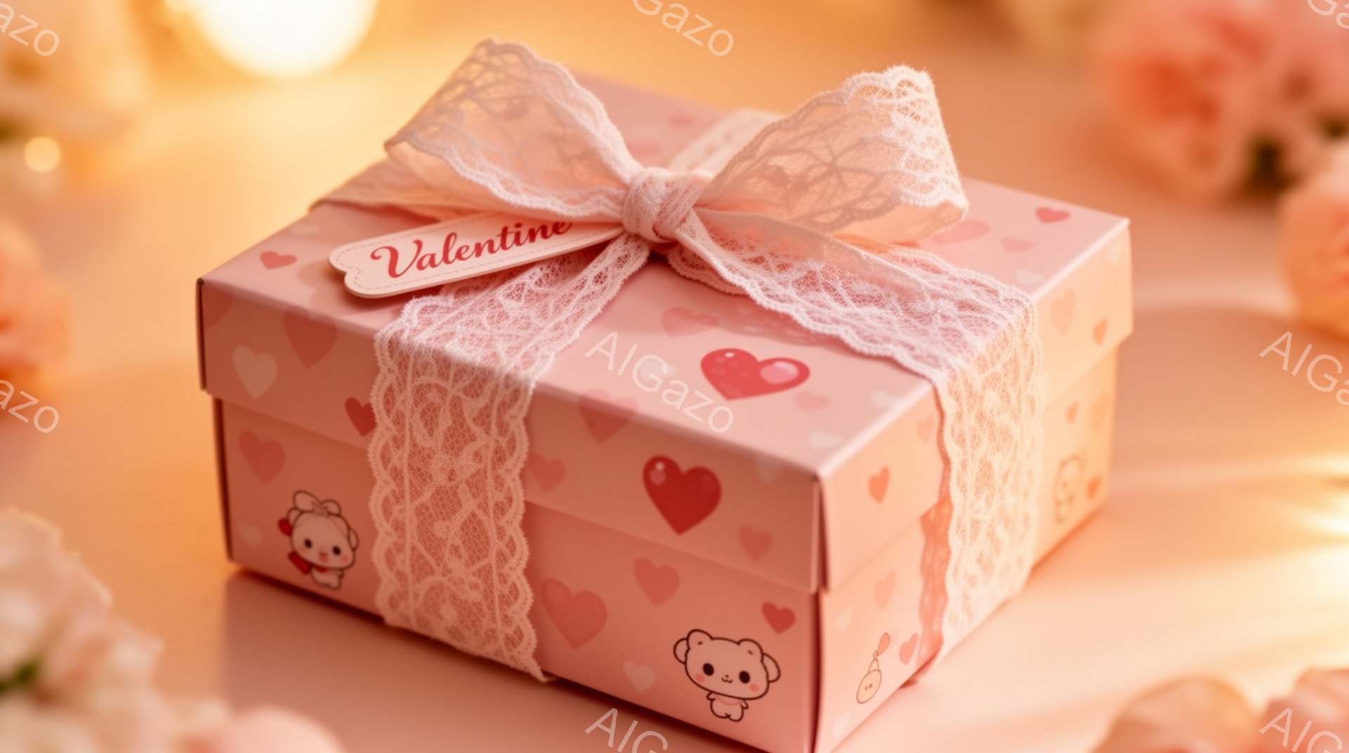 ピンク色のギフトボックスが写っており、表面にはかわいらしい犬のイラストとハートの模様が散りばめられています。ボックスはレースの白いリボンで結ばれており、タグには「Valentine」と書かれています。背景にはぼやけたピンクの花々があり、全体的に甘くロマンチックな雰囲気を醸し出しています。
