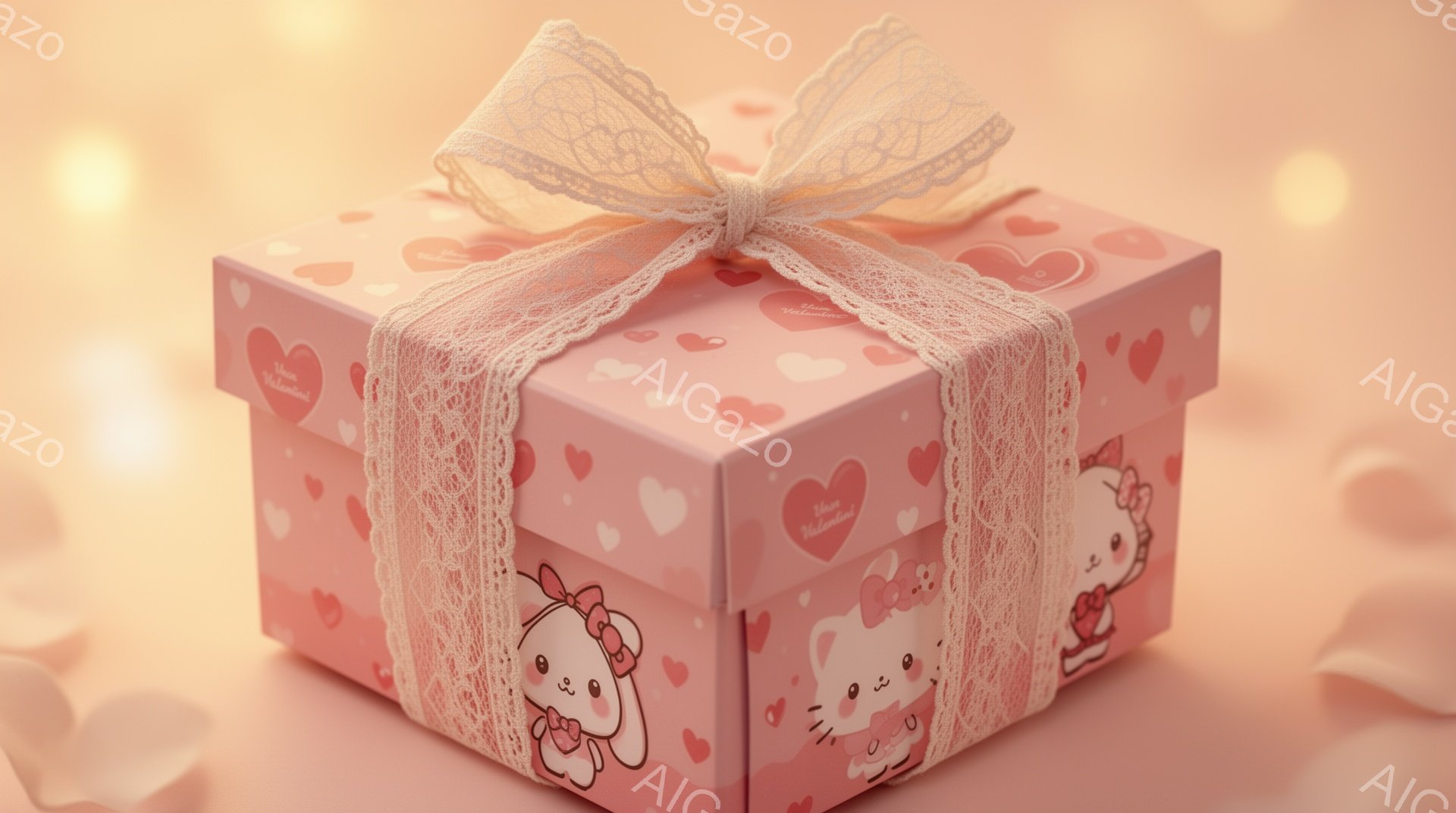 ピンク色のギフトボックスが写っており、表面には可愛らしいウサギのイラストが描かれています。箱はピンクのリボンとレースで飾られ、全体的にロマンチックで甘い雰囲気を醸し出しています。背景はぼやけており、淡いピンク色で統一されており、ギフトボックスが際立っています。