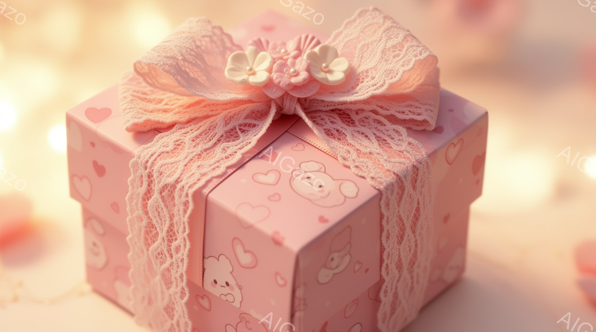 淡いピンク色の小さなギフトボックスが写っており、表面にはかわいらしいクマとハートの模様が散りばめられています。ボックスにはレースのリボンが巻かれ、さらに小さな花飾りが付いており、全体的に優雅でロマンチックな雰囲気です。背景はぼかされており、ソフトな光が漂い、温かく優しい印象を与えます。
