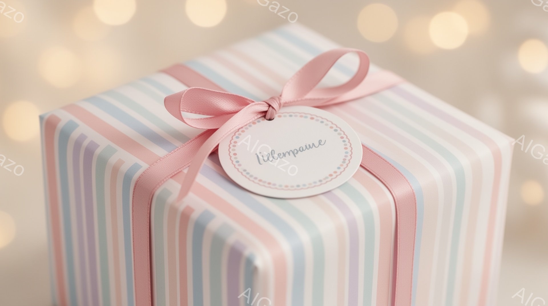 淡いピンクと水色の縦縞模様のギフトボックスが、明るい背景にクローズアップで映っています。ピンクのリボンが結ばれ、小さな白いタグがリボンの中心に付いており、タグには「lilleme」という文字が書かれています。背景はぼやけており、暖色系の光が散りばめられており、全体的に柔らかく、優しい雰囲気を醸し出しています。