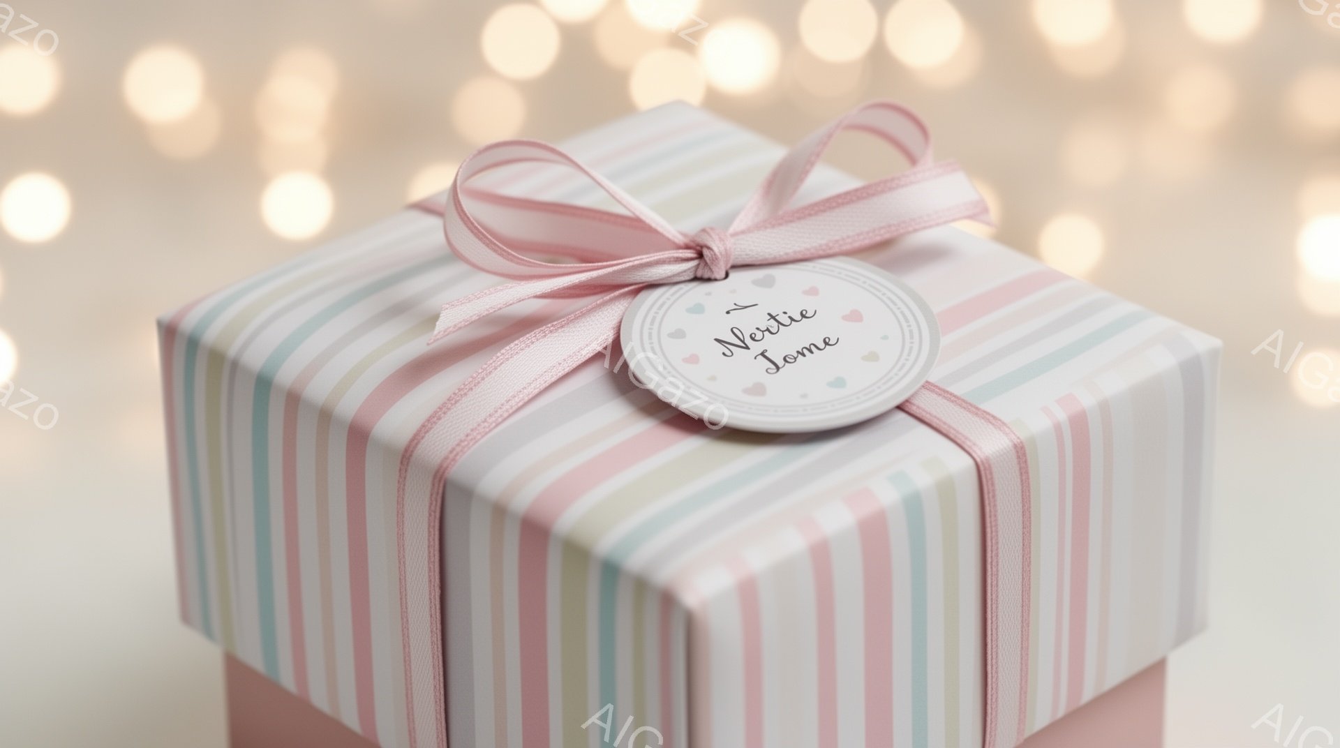 明るいピンク、水色、白のストライプ模様のギフトボックスが写っている。リボンは淡いピンク色で、小さなタグには可愛らしい文字が書かれている。背景にはぼやけた光の点が散りばめられており、柔らかく温かい雰囲気を醸し出している。