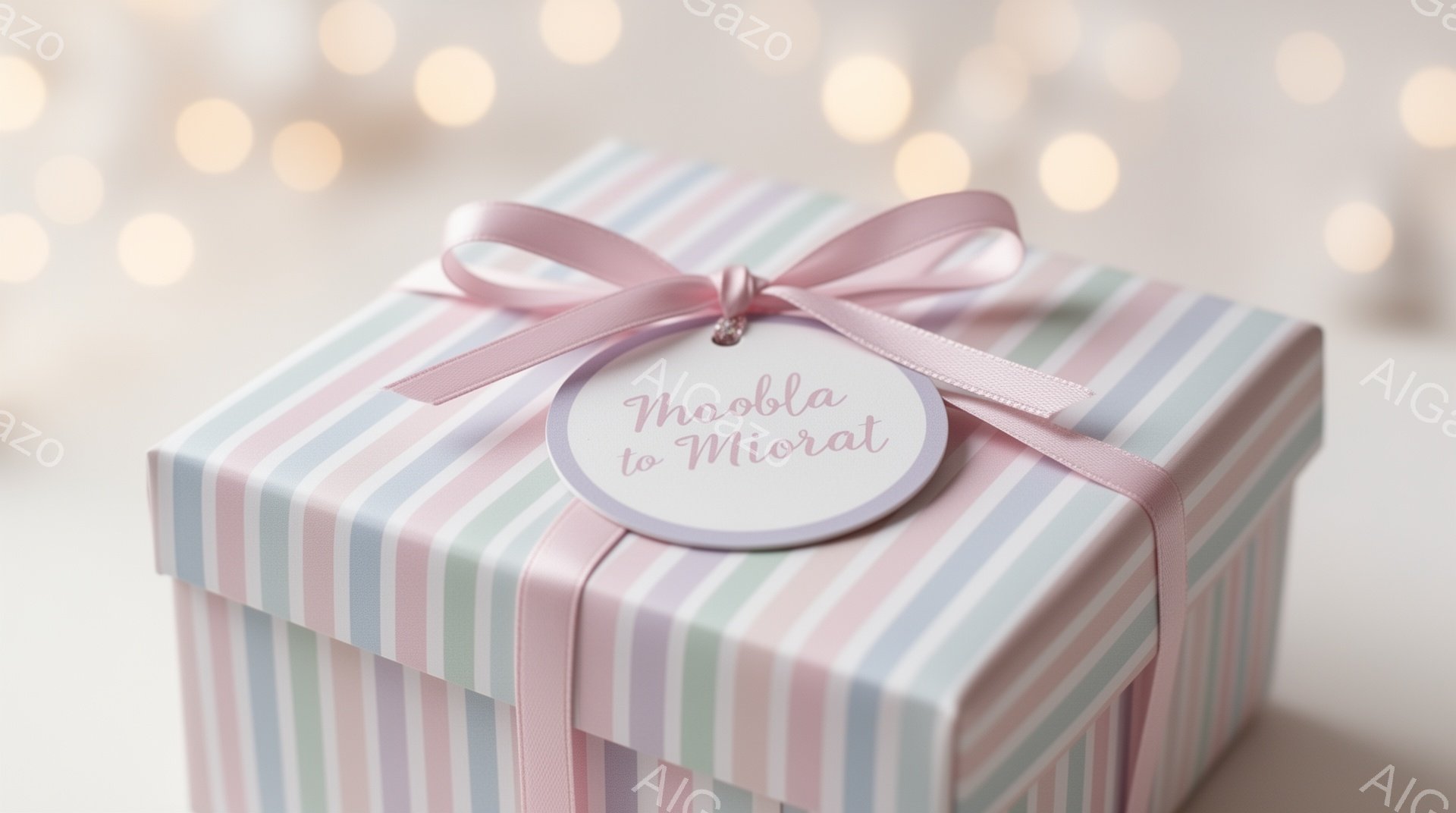 贈り物としてラッピングされた四角い箱が写っています。箱はパステルカラーのストライプ模様で、薄いピンクのリボンと、宛名が書かれたタグがついています。背景はぼやけており、小さな光の点が散りばめられており、贈り物への期待感や優しさを感じさせる雰囲気です。